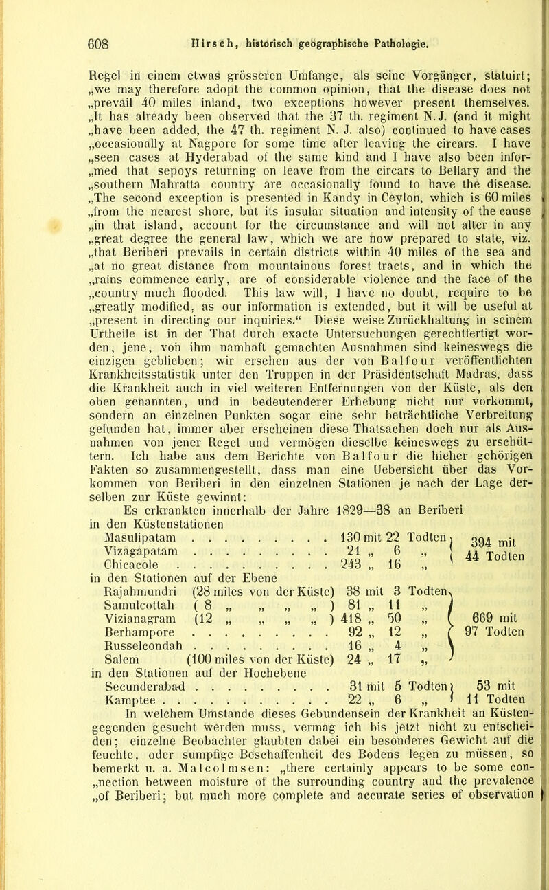 Regel in einem etwas grösseren Umfange, als seine Vorgänger, statuirl; „we may therefore adopt the common opinion, that the disease does not „prevail 40 miles inland, two exceptions however present themselves. „It has already been observed Ihat the 37 lli. regimenl N.J. (and it might „have been added, the 47 th. regiment N. J. also) coqtinued to have cases „occasionally at Nagpore for some time after leaving the c.ircars. I have „seen cases at Hyderabad of the same kind and I have also been infor- „med that sepoys relurning on leave from the circars to Bellary and the „Southern Mahralta country are occasionally found to have the disease. „The second exception is presented in Kandy in Ceylon, which is 60 miles „from the nearest shore, but ils insular Situation and intensity of the cause „in that island, account for the circumstance and will not alter in any „great degree the general law, which we are now prepared to state, viz. „that Beriberi prevails in certain districts within 40 miles of the sea and „at no great distance from mountainous forest tracls, and in which the „rains commence early, are of considerable violence and the face of the „country much flooded. This law will, I have no doubt, require to be „greatly modifled. as our information is extended, but it will be useful at „present in directing our inquiries.“ Diese weise Zurückhaltung in seinem Urtheile ist in der That durch exacte Untersuchungen gerechtfertigt wor- den, jene, von ihm namhaft gemachten Ausnahmen sind keineswegs die einzigen geblieben; wir ersehen aus der von Balfour veröffentlichten Krankheitsstatistik unter den Truppen in der Präsidentschaft Madras, dass die Krankheit auch in viel weiteren Entfernungen von der Küste, als den oben genannten, und in bedeutenderer Erhebung nicht nur vorkommt, sondern an einzelnen Punkten sogar eine sehr beträchtliche Verbreitung gefunden hat, immer aber erscheinen diese Thatsachen doch nur als Aus- nahmen von jener Regel und vermögen dieselbe keineswegs zu erschüt- tern. Ich habe aus dem Berichte von Balfour die hieher gehörigen Fakten so zusammengestellt, dass man eine Uebersicht über das Vor- kommen von Beriberi in den einzelnen Stationen je nach der Lage der- selben zur Küste gewinnt: Es erkrankten innerhalb der Jahre 1829—38 an Beriberi in den Küstenstationen Masulipatam 130 mit 22 Todlen Vizagapatam 21 „ 6 „ Chicacole 243 „16 „ in den Stationen auf der Ebene Rajahmundri (28 miles von der Küste) 38 mit 3 Todten> Samulcottah ( 8 „ „ „ „ ) 81 „ 11 „ Vizianagram (12 „ „ „ „ ) 418 „ 50 „ Berhampore 92 „ 12 „ Russelcondah 16 „ 4 „ Salem (100 miles von der Küste) 24 „ 17 ,, in den Stationen auf der Hochebene Secunderaba-d 31 mit 5 Todten) 53 mit Kamptee 22 „ 6 „ »11 Todten In welchem Umstande dieses Gebundensein der Krankheit an Küsten- gegenden gesucht werden muss, vermag ich bis jetzt nicht zu entschei- den; einzelne Beobachter glaubten dabei ein besonderes Gewicht auf die feuchte, oder sumpfige Beschaffenheit des Bodens legen zu müssen, so bemerkt u. a. Malcolmsen: „there certainly appears to be some con- „nection between moisture of the surrounding country and the prevalence „of Beriberi; but much more complete and accurate series of Observation | 394 mit 44 Todlen 669 mit 97 Todten