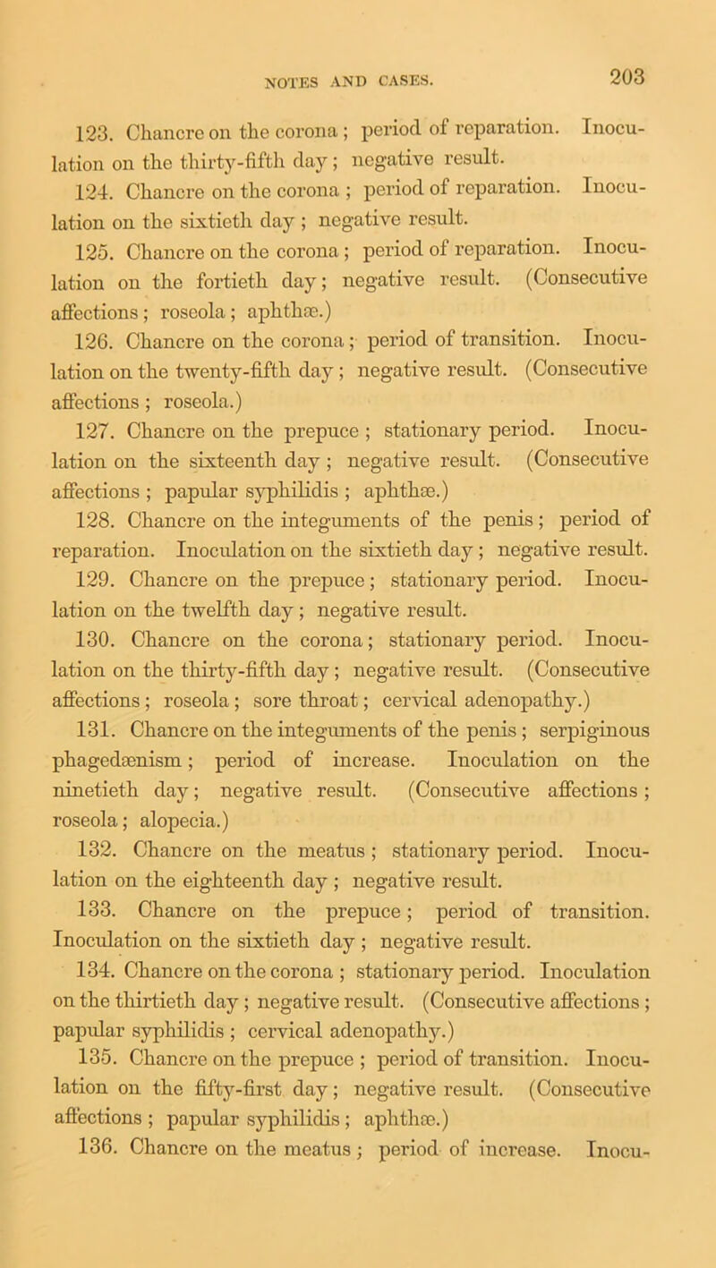 123. Chancre on tlie corona ; period of reparation. Inocu- lation on the thirty-fifth day; negative result. 124. Chancre on the corona ; period of reparation. Inocu- lation on the sixtieth day ; negative result. 125. Chancre on the corona ; period ot reparation. Inocu- lation on the fortieth day; negative result. (Consecutive affections ; roseola ; aphthae.) 126. Chancre on the corona ; period of transition. Inocu- lation on the twenty-fifth day ; negative result. (Consecutive affections; roseola.) 127. Chancre on the prepuce ; stationary period. Inocu- lation on the sixteenth day ; negative result. (Consecutive affections ; papular sypliilidis ; aphthae.) 128. Chancre on the integuments of the penis; period of reparation. Inoculation on the sixtieth day ; negative result. 129. Chancre on the prepuce ; stationary period. Inocu- lation on the twelfth day ; negative result. 130. Chancre on the corona; stationary period. Inocu- lation on the thirty-fifth day ; negative result. (Consecutive affections ; roseola ; sore throat; cervical adenopathy.) 131. Chancre on the integuments of the penis ; serpiginous phagedsenism; period of increase. Inoculation on the ninetieth day; negative result. (Consecutive affections; roseola; alopecia.) 132. Chancre on the meatus ; stationary period. Inocu- lation on the eighteenth day ; negative result. 133. Chancre on the prepuce; period of transition. Inoculation on the sixtieth day ; negative result. 134. Chancre on the corona ; stationary period. Inoculation on the thirtieth day ; negative result. (Consecutive affections ; papular syphilidis ; cervical adenopathy.) 135. Chancre on the prepuce ; period of transition. Inocu- lation on the fifty-first day; negative result. (Consecutive affections ; papular syphilidis ; aphthce.) 136. Chancre on the meatus ; period of increase. Inocu-