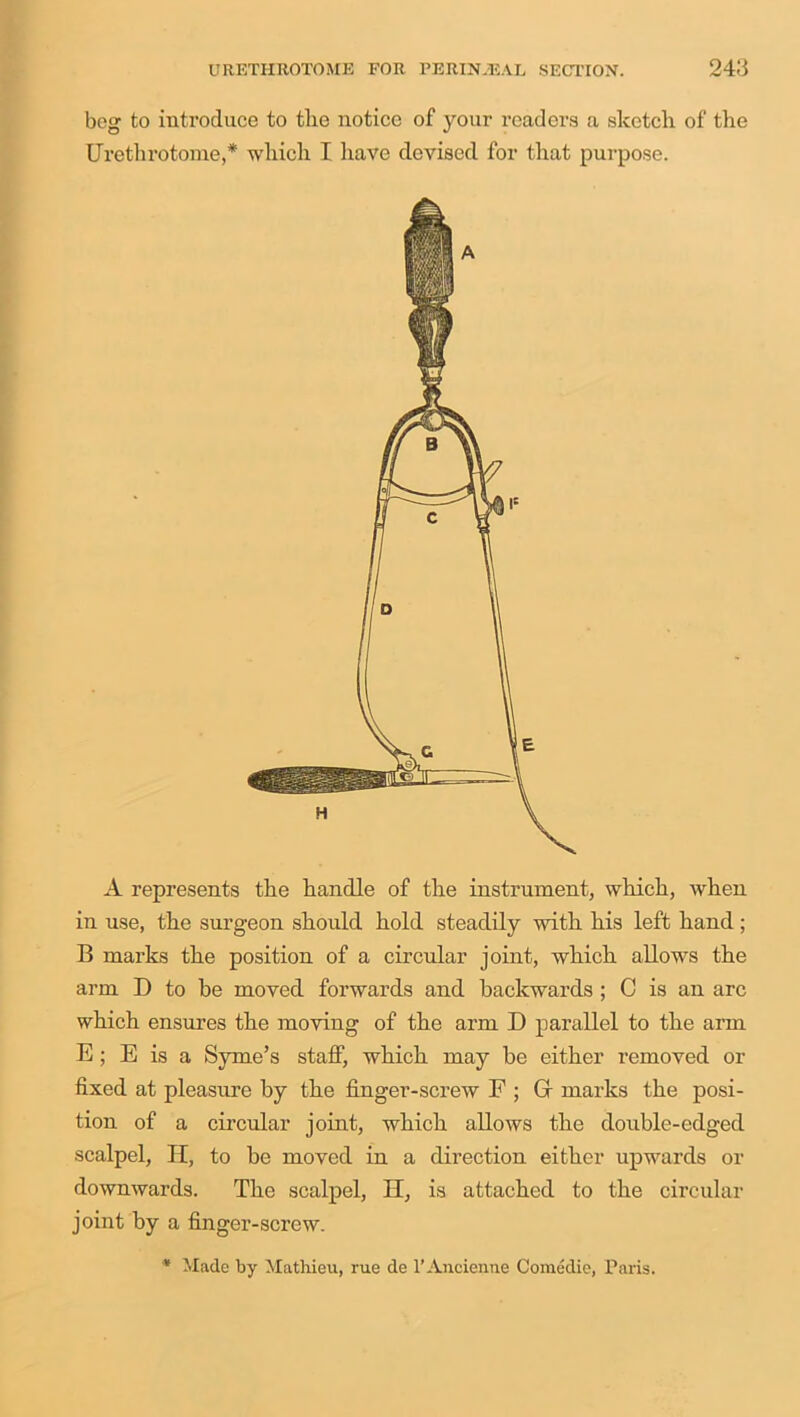 beg to introduce to tlie notice of your readers a sketch, of the Urethrotome,* which I have devised for that purpose. A represents the handle of the instrument, which, when in use, the surgeon should hold steadily with his left hand; B marks the position of a circular joint, which allows the arm T) to be moved forwards and backwards ; C is an arc which ensures the moving of the arm D parallel to the arm E; E is a Syme’s staff, which may be either removed or fixed at pleasure by the finger-screw F ; Gf marks the posi- tion of a circular joint, which allows the double-edged scalpel, It, to be moved in a direction either upwards or downwards. The scalpel, H, is attached to the circular joint by a finger-screw. * Made by Mathieu, rue de l'Ancienne Comedie, Paris.