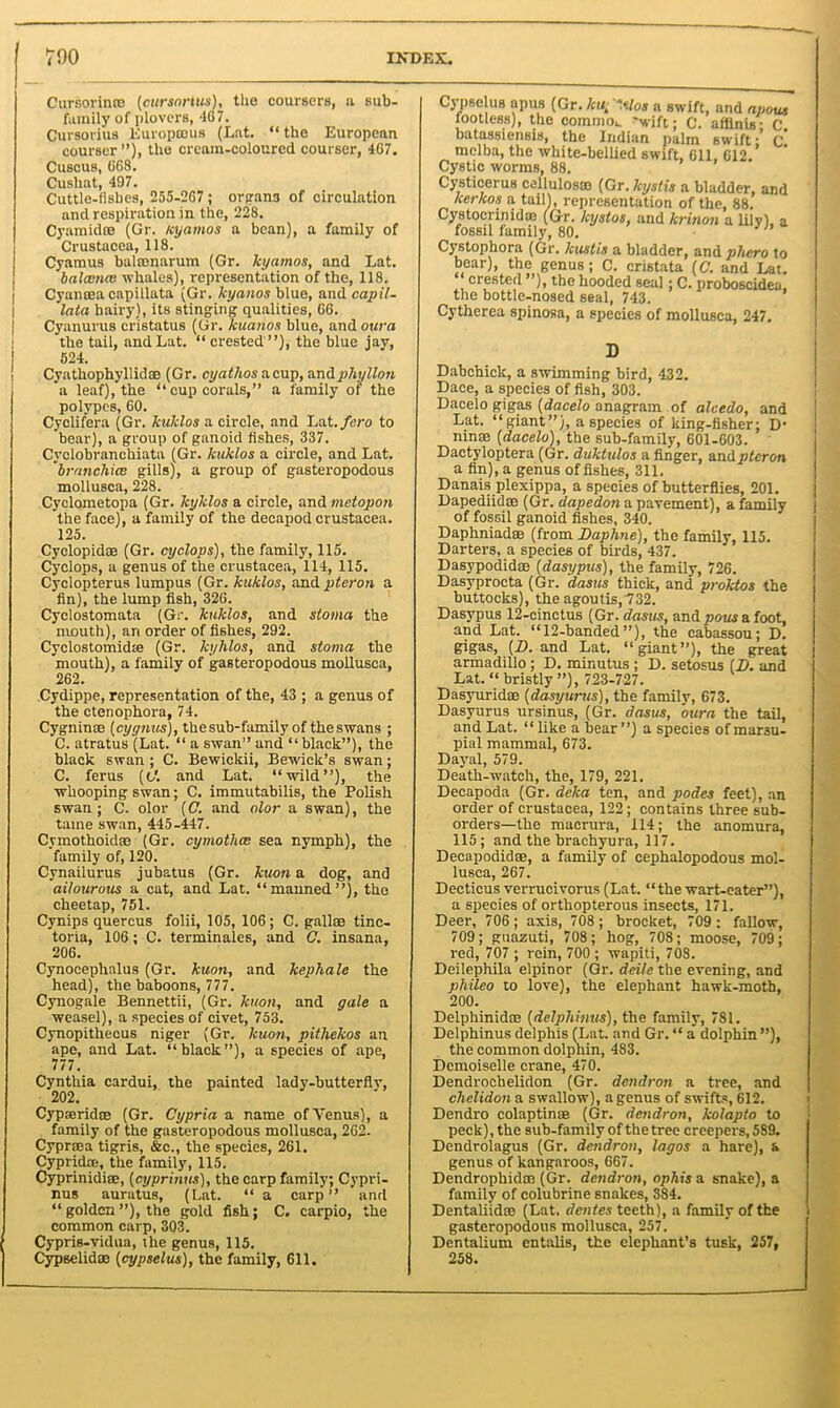 Cursorinre (cursorius), the coursers, a sub- family of plovers, 467. Cursorius liuropmus (Lat. “ the European courser”), the cream-coloured courser, 467. Cuscus, 668. Cushat, 497. Cuttle-fishes, 255-267 ; organs of circulation and respiration in the, 228. Cyamidre (Gr. kyarnos a bean), a family of Crustacea, 118. Cyamus balmnarum (Gr. kyarnos, and Lat. balance whales), representation of the, 118. Cyancea capillata (Gr. kyanos blue, and capil- lata hairy), its stinging qualities, 66. Cyanurus cnstatus (Gr. kuanos blue, and oura the tail, and Lat. “crested”), the blue jay, 524. Cyathophyllid® (Gr. cyathos a cup, and phyllon a leaf), the “cup corals,” a family of the polypes, 60. Cyclifera (Gr. kuklos a circle, and Lat./ero to bear), a group of ganoid fishes, 337. Cvclobranchiata (Gr. kuklos a circle, and Lat. branchice gills), a group of gasteropodous mollusca, 228. Cyelometopa (Gr. kyklos a circle, and metopon the face), a family of the decapod Crustacea. 125. Cyclopidae (Gr. cyclops), the family, 115. Cyclops, a genus of the Crustacea, 114, 115. Cyclopterus lumpus (Gr. kuklos, and pteron a fin), the lump fish, 326. Cyclostomata (Gr. kuklos, and stoma the mouth), an order of fishes, 292. Cyclostomid® (Gr. kyhlos, and stoma the mouth), a family of gasteropodous mollusca, 262. Cydippe, representation of the, 43 ; a genus of the ctenophora, 74. Cygnin® (cygnus), the sub-family of the swans ; C. atratus (Lat. “ a swan” and “black”), the black swan ; C. Bewickii, Bewick’s swan; C. ferus (o’, and Lat. “wild”), the whooping swan; C. immutabilis, the Polish swan; C. olor (O', and nlor a swan), the tame swan, 445-447. Cymothoid® (Gr. cymothce sea nymph), the family of, 120. Cynailurus jubatus (Gr. kuon a dog, and ailourous a cat, and Lat. “manned”), the cheetap, 751. Cynips quercus folii, 105, 106; C. gall® tine- toria, 106; C. terminales, and C. insana, 206. Cynocephalus (Gr. kuon, and kephale the head), the baboons, 777. Cynogale Bennettii, (Gr. kuon, and gale a weasel), a species of civet, 753. Cynopithecus niger (Gr. kuon, pithekos an ape, and Lat. “black”), a species of ape, 7 / 7. Cynthia cardui, the painted lady-butterfly, 202. Cypaerid® (Gr. Cypria a name of Venus), a family of the gasteropodous mollusca, 262. Cyprrna tigris, &c., the species, 261. Cypridse, the family, 115. Cyprinidi®, (cyprinus), the carp family; Cypri- nus auratus, (Lat. “ a carp” and “ golden ”), the gold fish; C, carpio, the common carp, 303. Cypris-vidua, the genus, 115. Cypselid® (cypselus), the family, 611. CypseluB apus (Gr. kuL “<tlos a swift, and apous footless), the common 'wift; C. affinis- C. batassiensis, the Indian palm swift • c. melba, the white-bellied swift, 611, 612.’ Cystic worms, 88. Cysticerus cellulos® (Gr. kystis a bladder, and lcerkos a tail!, representation of the, 88. Cystocrinid® (Gr. kystos, and krinon a lily), a fossil family, 80. Cystophora (Gr. kustis a bladder, and phero to bear), the genus; C. cristata (C. and Lat. crested ”), the hooded seal; C. proboscidea, the bottle-nosed seal, 743. Cytherea spinosa, a species of mollusca, 247. D Dabchick, a swimming bird, 432. Dace, a species of fish, 303. Dacelo gigas {dacelo anagram of aleedo, and Lat. “giant”), a species of king-fisher; D‘ nin® {dacelo), the sub-family, 601-603. Dactyloptera (Gr. duktulos a finger, and pteron a fin), a genus of fishes, 311. Danais plexippa, a species of butterflies, 201. Dapediid® (Gr. dapedon a pavement), a family of fossil ganoid fishes, 340. Daphniad® (from Daphne), the family, 115. Darters, a species of birds, 437. Dasypodid® (dasypus), the family, 726. Dasyprocta (Gr. dasus thick, and proktos the buttocks), the agoutis,732. Dasypus 12-cinctus (Gr. dasus, and pous a foot, and Lat. “12-banded”), the cabassou; D. gigas, [D. and Lat. “giant”), the great armadillo ; D. minutus ; D. setosus (D. and Lat. “ bristly ”), 723-727. Dasyurid® (dasyurus), the family, 673. Dasyurus ursinus, (Gr. dasus, oura the tail, and Lat. “ like a hear ”) a species of marsu- pial mammal, 673. Daval, 579. Death-watch, the, 179, 221. Decapoda (Gr. delca ten, and podes feet), an order of Crustacea, 122; contains three sub- orders—the macrura, 114; the anomura, 115; and the brachyura, 117. Decapodid®, a family of cephalopodous mol- lusca, 267. Decticus verrucivorus (Lat. “the wart-eater”), a species of orthopterous insects, 171. Deer, 706 ; axis, 708 ; brocket, 709 : fallow, 709; guazuti, 708; hog, 708; moose, 709; red, 707 ; rein, 700 ; wapiti, 708. Deilephila elpinor (Gr. deilc the evening, and phileo to love), the elephant hawk-moth, 200. Delphinid® (delphinus), the family, 781. Delphinus delphis (Lat. and Gr. “ a dolphin”), the common dolpliin, 483. Demoiselle crane, 470. Dendrochelidon (Gr. dcndron a tree, and chelidon a swallow), a genus of swifts, 612. Dendro colaptin® (Gr. dcndron, kolapto to peck), the sub-family of the tree creepers, 589. Dendrolagus (Gr. dendron, lagos a hare), a genus of kangaroos, 667. Dendrophid® (Gr. dendron, ophis a snake), a family of colubrine snakes, SS4. Dentaliid® (Lat. dentes teeth), a family of the gasteropodous mollusca, 257. Dentalium entalis, the elephant’s tusk, 257, 258.