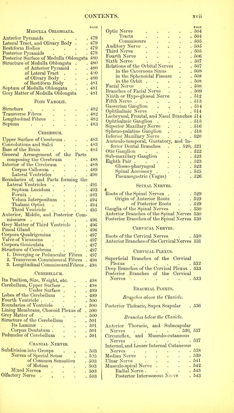 Medulla Oblongata. Anterior Pyramids .... 479 Lateral Tract, and Olivary Body . . 479 Restiform Bodies .... 479 Posterior Pyramids .... 479 Posterior Surface of Medulla Oblongata 480 Structure of Medulla Oblongata . . 480 of Anterior Pyramid . . 480 of Lateral Tract . . . 480 of Olivary Body . . . 480 of Restiform Body . . 4S1 Septum of Medulla Oblongata . . 481 Grey Matter of Medulla Oblongata . 481 Pons Varolii. Structure ...... 482 Transverse Fibres .... 482 Longitudinal Fibres .... 482 Septum 483 Cerebrum. Upper Surface of Cerebrum . . . 483 Convolutions and Sulci . . . 483 Base of the Brain .... 485 General Arrangement of the Parts composing the Cerebrum • . 488 Interior of the Cerebrum . . .488 Corpus Callosum .... 489 Lateral Ventricles . . . 490 Boundaries of, and Parts forming the Lateral Ventricles . . . .491 Septum Lucidum .... 493 Fornix ...... 493 Velum Interpositum . . . 494 Thalami Optici .... 494 Third Ventricle .... 495 Anterior, Middle, and Posterior Com- missures 496 Grey Matter of Third Ventricle . . 496 Pineal Gland 496 Corpora Quadrigemina . . . 497 Valve of Vieussens .... 497 Corpora Geniculata .... 497 Structure of Cerebrum . . .497 1. Diverging or Peduncular Fibres . 497 2. Transverse Commissural Fibres . 498 3. Longitudinal Commissural Fibres . 498 Cerebellum. Its Position, Size, Weight, etc. . . 498 Cerebellum, Upper Surface . . . 498 Under Surface . . . 499 Lobes of the Cerebellum . . . 499 Fourth Ventricle 500 Boundaries of Ventricle . . . 500 Lining Membrane, Choroid Plexus of . 500 Grey Matter of 500 Structure of the Cerebellum . . 501 Its Laminae 501 Corpus Dentatum .... 501 Peduncles of Cerebellum . . .501 Cranial Nerves. Subdivision into Groups . , . 503 Nerves of Special Sense . . 503 of Common Sensation . 503 of Motion .... 503 Mixed Nerves .... 503 Olfactory Nerve 503 PAGE Optic Nerve ..... 504 Tracts 504 Commissure .... 505 Auditory Nerve ..... 505 Third Nerve ..... 505 Fourth Nerve ..... 506 Sixth Nerve 507 Relations of the Orbital Nerves . . 507 in the Cavernous Sinus . . 508 in the Sphenoidal Fissure . . 508 in the Orbit 508 Facial Nerve ..... 508 Branches of Facial Nerve . . . 509 Ninth or Hypo-glossal Nerve . .512 Fifth Nerve 513 Gasserian Ganglion . . . .514 Ophthalmic Nerve .... 514 Lachrymal, Frontal, and Nasal Branches 514 Ophthalmic Ganglion . . . .515 Superior Maxillary Nerve . . . 516 Spheno-palatine Ganglion . . . 518 Inferior Maxillary Nerve . . . 520 Auriculo-temporal, Gustatory, aud In- ferior Dental Branches . . 520, 521 Otic Ganglion ..... 522 Sub-maxillary Ganglion . . . 523 Eighth Pair ...... 523 Glosso-pharyngeal . . . 523 Spinal Accessory .... 525 Pneumogastric (Vagus) . . 526 Spinal Nerves. 4 Roots of the Spinal Nerves . . . 529 Origin of Anterior Roots . . 529 of Posterior Roots . .529 Ganglia of the Spinal Nerves . . 530 Anterior Branches of the Spinal Nerves 530 Posterior Branches of the Spinal Nerves 530 Cervical Nerves. Roots of the Cervical Nerves . . 530 Anterior Branches of the Cervical Nerves 531 Cervical Plexus. Superficial Branches of the Cervical Plexus ...... 532 Deep Branches of the Cervical Plexus . 533 Posterior Branches of the Cervical Nerves \ 533 Brachial Plexus. Brcmches above the Clavicle. Posterior Thoracic, Supra Scapular . 536 Branches bdow the Clavicle. Anterior Thoracic, and Subscapular Nerves ..... 536, 537 Circumflex, and Musculo-cutaneous Nerves 537 Internal, and Lesser Internal Cutaneous Nerves ...... 538 Median Nerve ..... 539 Ulnar Nerve 541 Musculo-spiral Nerve .... 542 Radial Nerve ..... 543 Posterior Interosseous Nerve . 543