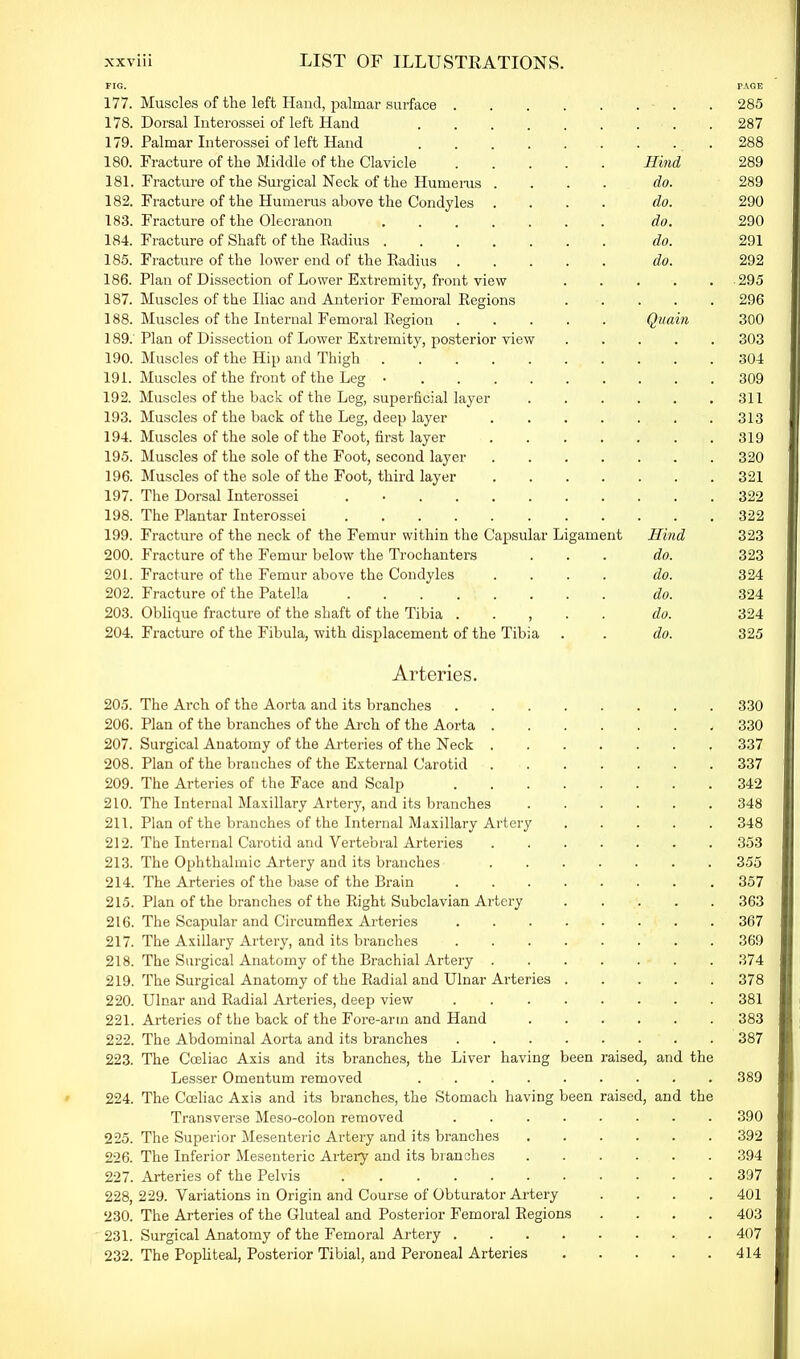 FIG. PAGE 177. Muscles of the left Hand, palmar surface 285 178. Dorsal Interossei of left Hand 287 179. Palmar Interossei of left Hand 288 180. Fracture of the Middle of the Clavicle ..... Hind 289 181. Fracture of the Surgical Neck of the Humerus .... do. 289 182. Fracture of the Humerus above the Condyles .... do. 290 183. Fracture of the Olecranon do. 290 184. Fracture of Shaft of the Radius do. 291 185. Fracture of the lower end of the Radius do. 292 186. Plan of Dissection of Lower Extremity, front view ..... 295 187. Muscles of the Iliac and Anterior Femoral Regions 296 188. Muscles of the Internal Femoral Region Quain 300 189. Plan of Dissection of Lower Extremity, posterior view 303 190. Muscles of the Hip and Thigh 304 191. Muscles of the front of the Leg • 309 192. Muscles of the back of the Leg, superficial layer 311 193. Muscles of the back of the Leg, deep layer 313 194. Muscles of the sole of the Foot, first layer . . . . . . .319 195. Muscles of the sole of the Foot, second layer 320 196. Muscles of the sole of the Foot, third layer 321 197. The Dorsal Interossei . 322 198. The Plantar Interossei 322 199. Fracture of the neck of the Femur within the Capsular Ligament Hind 323 200. Fracture of the Femur below the Trochanters ... do. 323 201. Fracture of the Femur above the Condyles .... do. 324 202. Fracture of the Patella do. 324 203. Oblique fracture of the shaft of the Tibia . . , do. 324 204. Fracture of the Fibula, with displacement of the Tibia . . do. 325 Arteries. 205. The Arch of the Aorta and its branches 330 206. Plan of the branches of the Arch of the Aorta 330 207. Surgical Anatomy of the Arteries of the Neck 337 208. Plan of the branches of the External Carotid ....... 337 209. The Arteries of the Face and Scalp 342 210. The Internal Maxillary Artery, and its branches 348 211. Plan of the branches of the Internal Maxillary Artery 348 212. The Internal Carotid and Vertebral Arteries 353 213. The Ophthalmic Artery and its branches 355 214. The Arteries of the base of the Brain 357 215. Plan of the branches of the Right Subclavian Artery 363 216. The Scapular and Circumflex Arteries 367 217. The Axillary Artery, and its branches 369 218. The Surgical Anatomy of the Brachial Artery 374 219. The Surgical Anatomy of the Radial and Ulnar Arteries 378 220. Ulnar and Radial Arteries, deep view 381 221. Arteries of the back of the Fore-arin and Hand 383 222. The Abdominal Aorta and its branches 387 223. The Cceliac Axis and its branches, the Liver having been raised, and the Lesser Omentum removed 389 224. The Cceliac Axi3 and its branches, the Stomach having been raised, and the Transverse Meso-colon removed 390 225. The Superior Mesenteric Artery and its branches 392 226. The Inferior Mesenteric Artery and its branches 394 227. Arteries of the Pelvis 397 228. 229. Variations in Origin and Course of Obturator Artery .... 401 230. The Arteries of the Gluteal and Posterior Femoral Regions .... 403 231. Surgical Anatomy of the Femoral Artery 407 232. The Popliteal, Posterior Tibial, and Peroneal Arteries 414