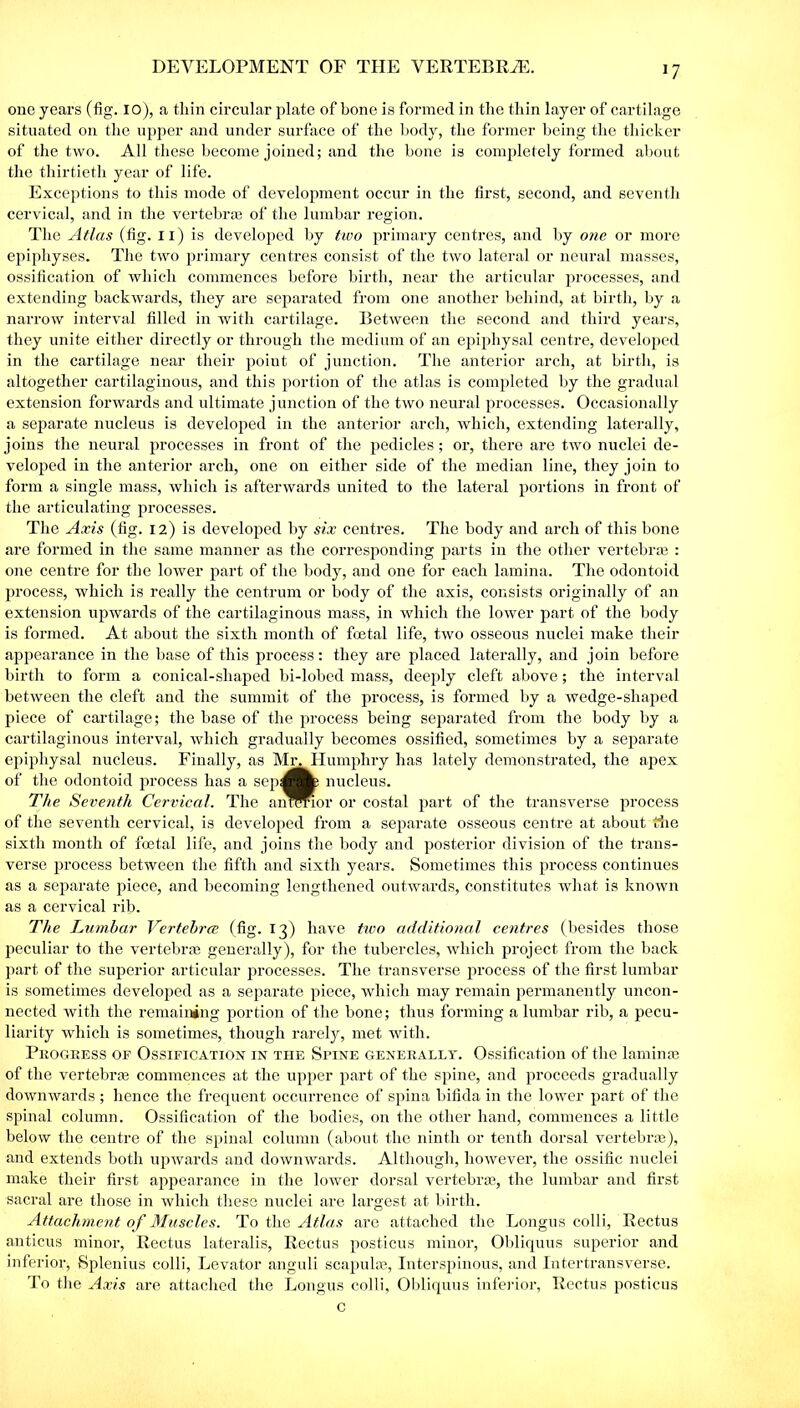 DEVELOPMENT OF THE VERTEBRAE. one years (fig. io), a thin circular plate of bone is formed in the thin layer of cartilage situated on the upper and under surface of the body, the former being the thicker of the two. All these become joined; and the bone is completely formed about the thirtieth year of life. Exceptions to this mode of development occur in the first, second, and seventh cervical, and in the vertebrae of the lumbar region. The Atlas (fig. Ii) is developed by two primary centres, and by one or more epiphyses. The two primary centres consist of the two lateral or neural masses, ossification of which commences before birth, near the articular processes, and extending backwards, they are separated from one another behind, at birth, by a narrow interval filled in with cartilage. Between the second and third years, they unite either directly or through the medium of an epiphysal centre, developed in the cartilage near their point of junction. The anterior arch, at birth, is altogether cartilaginous, and this portion of the atlas is completed by the gradual extension forwards and ultimate junction of the two neural processes. Occasionally a separate nucleus is developed in the anterior arch, which, extending laterally, joins the neural processes in front of the pedicles; or, there are two nuclei de- veloped in the anterior arch, one on either side of the median line, they join to form a single mass, which is afterwards united to the lateral portions in front of the articulating processes. The Axis (fig. 12) is developed by six centres. The body and arch of this bone are formed in the same manner as the corresponding parts in the other vertebra; : one centre for the lower part of the body, and one for each lamina. The odontoid process, which is really the centrum or body of the axis, consists originally of an extension upwards of the cartilaginous mass, in which the lower part of the body is formed. At about the sixth month of foetal life, two osseous nuclei make their appearance in the base of this process: they are placed laterally, and join before birth to form a conical-shaped bi-lobed mass, deeply cleft above; the interval between the cleft and the summit of the process, is formed by a wedge-shaped piece of cartilage; the base of the process being separated from the body by a cartilaginous interval, which gradually becomes ossified, sometimes by a separate epiphysal nucleus. Finally, as Mr. Humphry has lately demonstrated, the apex of the odontoid process has a sep^^b nucleus. The Seventh Cervical. The aiifWor or costal part of the transverse process of the seventh cervical, is developed from a separate osseous centre at about the sixth month of foetal life, and joins the body and posterior division of the trans- verse process between the fifth and sixth years. Sometimes this process continues as a separate piece, and becoming lengthened outwards, constitutes what is known as a cervical rib. The Lumbar Vertebrce (fig. 13) have two additional centres (besides those peculiar to the vertebrae generally), for the tubercles, which project from the back part of the superior articular processes. The transverse process of the first lumbar is sometimes developed as a separate piece, which may remain permanently uncon- nected with the remaining portion of the bone; thus forming a lumbar rib, a pecu- liarity which is sometimes, though rarely, met with. Progress of Ossification in the Spine generally. Ossification of the lamime of the vertebras commences at the upper part of the spine, and proceeds gradually downwards; hence the frequent occurrence of spina bifida in the lower part of the spinal column. Ossification of the bodies, on the other hand, commences a little below the centre of the spinal column (about the ninth or tenth dorsal vertebras), and extends both upwards and downwards. Although, however, the ossific nuclei make their first appearance in the lower dorsal vertebrae, the lumbar and first sacral are those in which these nuclei are largest at birth. Attachment of Muscles. To the Atlas are attached the Longus colli, Rectus anticus minor, Rectus lateralis, Rectus posticus minor, Obliquus superior and inferior, Splenius colli, Levator anguli scapulae, Interspinous, and Intertransverse. To the Axis are attached the Longus colli, Obliquus inferior, Rectus posticus c