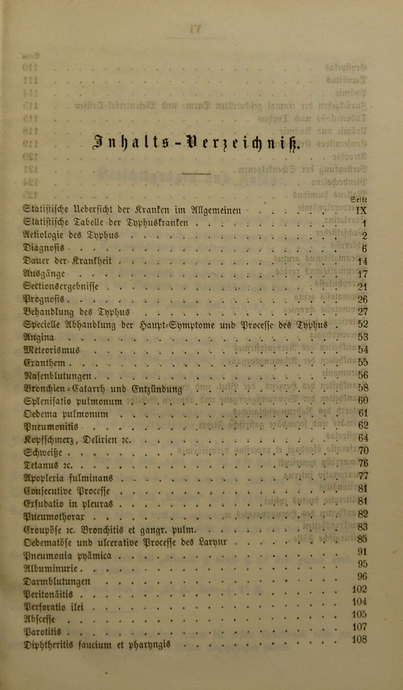 17 Ort Ml £M I *?M (rC f fcufrJm’j. ftakJ! ^nljalta-lJerjeidjniß. wrlsJttvb' . . 3 . i Uiun.f'jirij'xJ rr!o'bodif'j''j- ^rmu? ©eite ©tötifiifdje Ueberficbt ber Traufen im Allgemeinen IX «StotifHfdje Tabelle ber EppIjuSfranfen 1 Aetiologie beS £ppl)uS 2 5)iagnoftS ...... r 6 5)auev ber Äranfljeit . . .• >r . ... 14 Ausgange 17 ©ectionSergebnifje ; . 2t PrognofiS 26 ©efyanblung beS EtypljuS 27 ©pecietle Abfyaublung ber £aupt5©pmptome uub Tproccfje beS StypljuS . 52 Angina 53 EReteoriSmuS 54 (Srantfyem  55 IRafenblutungen 56 ©Tondjien s Gatarrl) unb (Sntjilnbung 58 ©plenifatio pulmonum 60 Oebema pulmonum 61 Pneumonitis . . . 1 . ' 62 jfcpffcfnnerj, Delirien ?c. . . *».... 64 ©cfytoei&e 70 EetanuS :c • 76 Apopleria fulminanS 77 (Sonfecutioe proccffe * 61 ^rfubatio in pleuraS '81 Pueumotfyorar 82 ßroupöfe jc. ©rondjüis et gangr. pulut 83 Cebematofe unb ulceratioc Proceffe beS Carpnr Pneumonia ppämica 91 Albuminurie 96 102 104 SEarmblutungen PeritonäitiS . Perforatio ilei Abfcefje Parotitis DipfytfieritiS faucium et pfyarpngiS 105 107 108