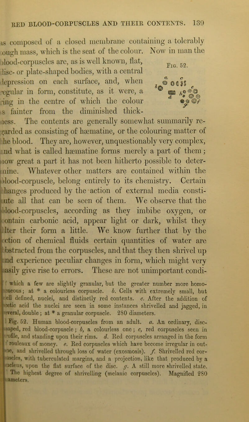 IS composed of a closed membrane containing a tolerably ough mass, which is the seat of the colonr. Now in man the )lood-corpuscles arc, as is well known, flat, lisc- or plate-shaped bodies, with a central lepression on each siu'face, and, when ® SS •egidar in fonn, constitute, as it were, a eaa •ins in the centre of which the colonr c> .... 3^ <s fainter from the diminished thick- less. The contents are generally somewhat summarily re- yarded as consisting of haematine, or the coloimng matter of he blood. They are, however, unquestionably very complex, :.nd what is called haematine forms merely a part of them ; HOW great a part it has not been hitherto possible to cleter- I nine. Whatever other matters are contained Avithin the iMood-coipuscle, belong entirely to its chemistry. Certain I'.hanges produced by the-action of external media consti- i.iite all that can be seen of them. We observe that the ltlood-corj)uscles, according as they imbibe oxygen, or I ontain carbonic acid, appear light or dark, whilst they liter their form a little. We know fmdher that by the cction of chemical fluids certain quantities of water are Ibstracted from the corpuscles, and that they then shrivel up I nd experience peculiar changes in form, A\diich might very aasily give rise to errors. These are not unimportant condi- which a few are slightly granular, but the greater number more homo- ‘eneous; at * a colourless corpuscle, h. Cells with extremely small, but ' ell deGned, nuclei, and distinctly red contents, c. After the addition of »:etic acid the nuclei are seen in some instances shrivelled and jagged, in ^iveral, double; at ♦ a granular corpuscle. 2S0 diameters. ■ Fig. 52. Human blood-corpuscles from an adult, a. An ordinary, disc- laped, red blood-corpuscle; b, a colourless one; c, red corpuscles seen in ' 'oGle, and standing upon their rims. d. Red corpuscles arranged in the form rouleaux of money, e. Red corpuscles which have become irregular in out- '•le, and shrivelled through loss of water (exosraosis). f. Shrivelled red cor- ! i3cles, with tuberculated margins, and a projeetion, like that produced by a icleus, upon the flat surface of the disc. g. A still more shrivelled state. The highest degree of shrivelling (melanic corpuselcs). Magnified 280 ameters.