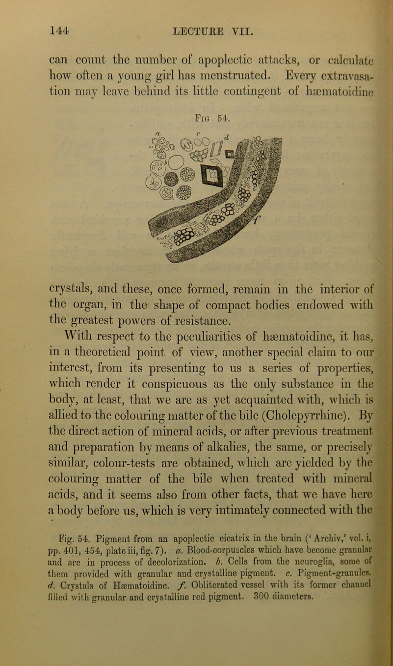 can count the number of apoplectic attacks, or calc\ilate how often a young girl has menstruated. Every extravasa- tion may leave behind its little contingent of haematoidine Fig 54. crystals, and these, once formed, remain in the interior of the organ, in the shape of compact bodies endowed with the greatest powers of resistance. With respect to the peculiarities of haematoidine, it has, in a theoretical point of view, another special claim to om interest, from its presenting to us a series of properties, which render it conspicuous as the only substance in the body, at least, that we are as yet acquainted with, which is allied to the colouring matter of the bile (Cholepyrrhine). By the direct action of mineral acids, or after previous treatment and preparation by means of alkalies, the same, or precisely similar, colom’-tests are obtained, which are yielded by the coloming matter of the bile when treated with mineral acids, and it seems also from other facts, that we have here a body before us, which is very intimately connected with the Fig. 54. Pigment from an apoplectic cicatrix in the brain (‘ Archiv,’ vol. i, pp. 401, 454, plate iii, fig. 7). a. Blood-corpuscles which have become granular and are in process of decolorization. b. Cells from the neuroglia, some of them provided with granular and crystalline pigment, c. Pigment-granules. d. Crystals of Haematoidine. /. Obliterated vessel with its former channel filled with granular and crystalline red pigment. 300 diameters.
