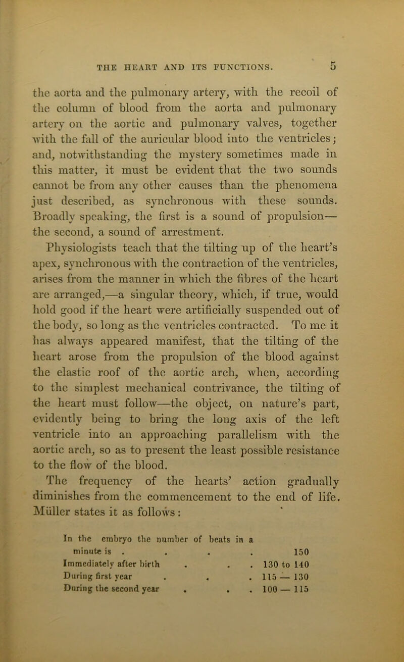 the aorta and the pulmonary artery, with the recoil of the column of blood from the aorta and pulmonary artery on the aortic and pulmonary valves, together with the fall of the auricular blood into the ventricles; and, notwithstanding the mystery sometimes made in tins matter, it must be evident that the two sounds cannot be from any other causes than tlie phenomena just described, as synchronous with these sounds. Broadly speaking, the first is a sound of propulsion— the second, a sound of arrestment. Physiologists teach that the tilting up of tlie heart’s apex, synchronous with the contraction of the ventricles, arises from the manner in wrhich the fibres of the heart are arranged,—a singular theory, which, if true, would hold good if the heart were artificially suspended out of the body, so long as the ventricles contracted. To me it has always appeared manifest, that the tilting of the heart arose from the propulsion of the blood against the elastic roof of the aortic arch, wrhen, according to the simplest mechanical contrivance, the tilting of the heart must follow—the object, on nature’s part, evidently being to bring the long axis of the left ventricle into an approaching parallelism with the aortic arch, so as to present the least possible resistance to the flow of the blood. The frequency of the hearts’ action gradually diminishes from the commencement to the end of life. Muller states it as follows: In the embryo the number of beats in a minute is . Immediately after birth During first year During the second year 150 130 to 140 115 — 130 100 — 115