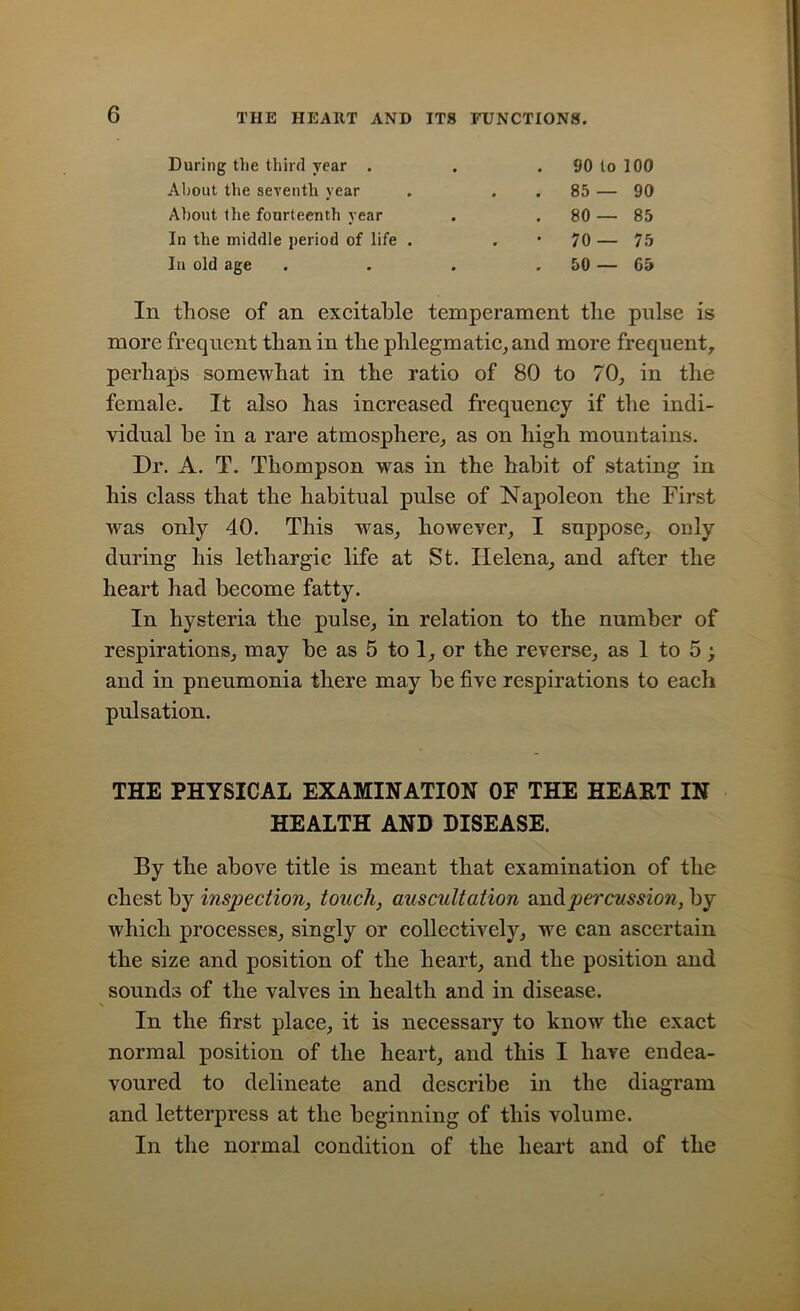 During the third year . About the seventh year About the fourteenth year In the middle period of life . In old age 90 to 100 85 — 90 80— 85 70— 75 50 — 05 In those of an excitable temperament the pulse is more frequent than in the phlegmatic, and more frequent, perhaps somewhat in the ratio of 80 to 70, in the female. It also has increased frequency if the indi- vidual be in a rare atmosphere, as on high mountains. Dr. A. T. Thompson was in the habit of stating in his class that the habitual pulse of Napoleon the First was only 40. This was, however, I suppose, only during his lethargic life at St. Helena, and after the heart had become fatty. In hysteria the pulse, in relation to the number of respirations, may be as 5 to 1, or the reverse, as 1 to 5; and in pneumonia there may be five respirations to each pulsation. THE PHYSICAL EXAMINATION 0E THE HEART IN HEALTH AND DISEASE. By the above title is meant that examination of the chest by inspection, touch, auscultation and percussion, by which processes, singly or collectively, we can ascertain the size and position of the heart, and the position and sounds of the valves in health and in disease. In the first place, it is necessary to know the exact normal position of the heart, and this I have endea- voured to delineate and describe in the diagram and letterpress at the beginning of this volume. In the normal condition of the heart and of the