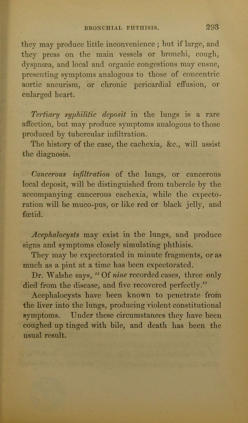 they may produce little inconvenience ; but if large, and they press on the main vessels or bronchi, cough, dyspnoea, and local and organic congestions may ensue, presenting symptoms analogous to those of concentric aortic aneurism, or chronic pericardial effusion, or enlarged heart. Tertiary syphilitic deposit in the lungs is a rare affection, but may produce symptoms analogous to those produced by tubercular infiltration. The history of the case, the cachexia, &c., will assist the diagnosis. Cancerous infiltration of the lungs, or cancerous local deposit, will be distinguished from tubercle by the accompanying cancerous cachexia, while the expecto- ration will be muco-pus, or like red or black jelly, and foetid. Acephalocysts may exist in the lungs, and produce signs and symptoms closely simulating phthisis. They may be expectorated in minute fragments, or as much as a pint at a time has been expectorated. Dr. Walshe says, “Of nine recorded cases, three only died from the disease, and five recovered perfectly.” Acephalocysts have been known to penetrate from the liver into the lungs, producing violent constitutional symptoms. Under these circumstances they have been coughed up tinged with bile, and death has been the usual result.