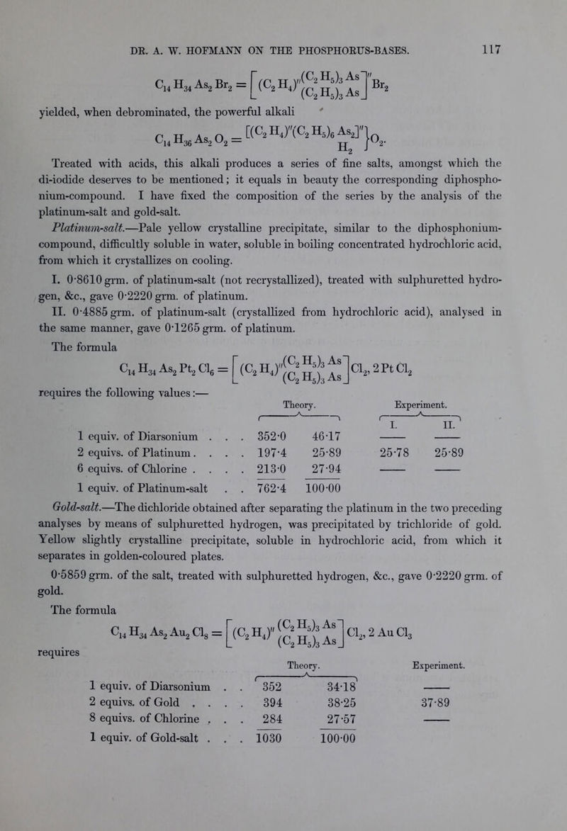 Cj4 H34 As2 Br2 — (C2H4) L „(C2H5)3As- (C2H5)3AsJ yielded, when debrominated, the powerful alkali [(C2 H4)(C2 H5)6 As2] Br, C14 H36 As2 02 — Ho K Treated with acids, this alkali produces a series of fine salts, amongst which the di-iodide deserves to be mentioned; it equals in beauty the corresponding diphospho- nium-compound. I have fixed the composition of the series by the analysis of the platinum-salt and gold-salt. Platinum-salt.—Pale yellow crystalline precipitate, similar to the diphosphonium- compound, difficultly soluble in water, soluble in boiling concentrated hydrochloric acid, from which it crystallizes on cooling. I. 0-8610 grm. of platinum-salt (not recrystallized), treated with sulphuretted hydro- gen, &c., gave 0-2220 grm. of platinum. II. 0-4885 grm. of platinum-salt (crystallized from hydrochloric acid), analysed in the same manner, gave 0-1265 grm. of platinum. The formula ^14 H34 As2 Pt2 Cl6 — (C' TT V^» ^5)3 -^-s } 2 J(C2H5)3AsJ Cl2,2 Pt Cl2 requires the following values:— Theory. Experiment. a < < i I. II. 1 equiv. of Diarsonium . . 352-0 46-17 2 equivs. of Platinum. . . . 197-4 25-89 25-78 25-89 6 equivs. of Chlorine . . 213-0 27-94 1 equiv. of Platinum-salt . 762-4 100-00 Gold-salt.—The dichloride obtained after separating the platinum in the two preceding analyses by means of sulphuretted hydrogen, was precipitated by trichloride of gold. Yellow slightly crystalline precipitate, soluble in hydrochloric acid, from which it separates in golden-coloured plates. 0-5859 grm. of the salt, treated with sulphuretted hydrogen, &c., gave 0-2220 grm. of gold. The formula requires ^14 H34 As2 Au2 Clg — 1 equiv. of Diarsonium 2 equivs. of Gold . . 8 equivs. of Chlorine . 1 equiv. of Gold-salt . (C2HJ „(C2H5)3As- (C2 H5)3 As_ Cl2,2 Au Cl3 Theory. Experiment. A 1 352 34-18 394 38-25 37-89 284 27-57 . 1030 100-00