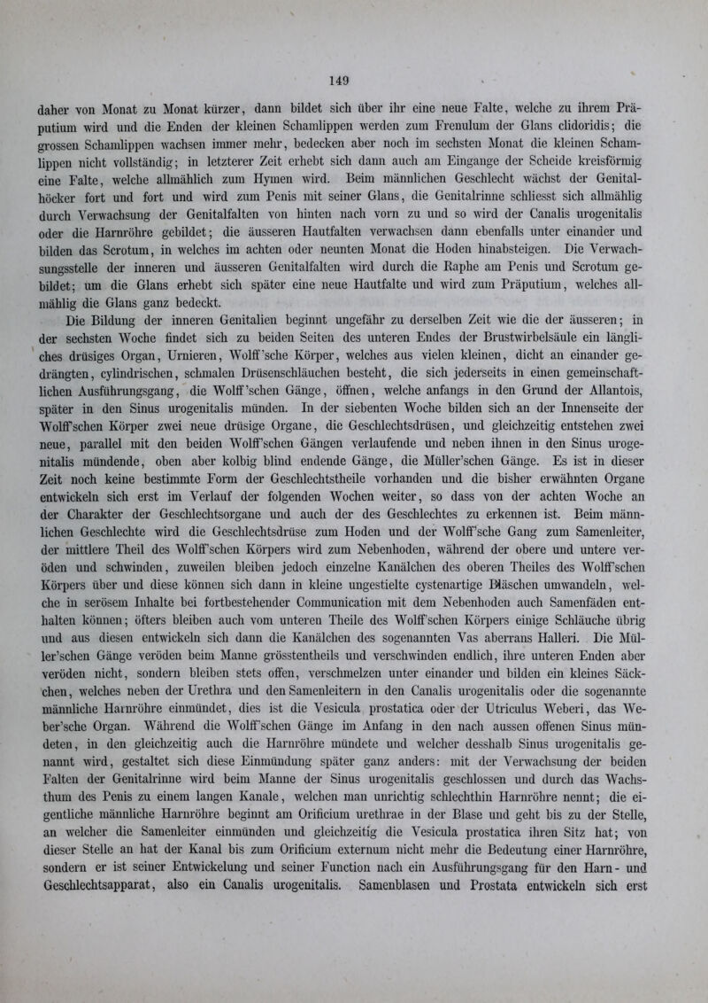 daher von Monat zu Monat kürzer, dann bildet sich über ihr eine neue Falte, welche zu ihrem Prä- putium wird und die Enden der kleinen Schamlippen werden zum Frenulum der Glans clidoridis; die grossen Schamlippen wachsen immer mehr, bedecken aber noch im sechsten Monat die kleinen Scham- lippen nicht vollständig; in letzterer Zeit erhebt sich dann auch am Eingänge der Scheide kreisförmig eine Falte, welche allmählich zum Hymen wird. Beim männlichen Geschlecht wächst der Genital- höcker fort und fort und wird zum Penis mit seiner Glans, die Genitalrinne schliesst sich allmählig durch Verwachsung der Genitalfalten von hinten nach vorn zu und so wird der Canalis urogenitalis oder die Harnröhre gebildet; die äusseren Hautfalten verwachsen dann ebenfalls unter einander und bilden das Scrotum, in welches im achten oder neunten Monat die Hoden hinabsteigen. Die Verwach- sungsstelle der inneren und äusseren Genitalfalten wird durch die Raphe am Penis und Scrotum ge- bildet; um die Glans erhebt sich später eine neue Hautfalte und wird zum Präputium, welches all- mählig die Glans ganz bedeckt. Die Bildung der inneren Genitalien beginnt ungefähr zu derselben Zeit wie die der äusseren; in der sechsten Woche findet sich zu beiden Seiten des unteren Endes der Brustwirbelsäule ein längli- ches drüsiges Organ, Urnieren, Wolff’sche Körper, welches aus vielen kleinen, dicht an einander ge- drängten, cylindrischen, schmalen Drüsenschläuchen besteht, die sich jederseits in einen gemeinschaft- lichen Ausführungsgang, die Wolff’schen Gänge, öffnen, welche anfangs in den Grund der Allantois, später in den Sinus urogenitalis münden. In der siebenten Woche bilden sich an der Innenseite der Wolff’schen Körper zwei neue drüsige Organe, die Geschlechtsdrüsen, und gleichzeitig entstehen zwei neue, parallel mit den beiden Wolff’schen Gängen verlaufende und neben ihnen in den Sinus uroge- nitalis mündende, oben aber kolbig blind endende Gänge, die Müller’schen Gänge. Es ist in dieser Zeit noch keine bestimmte Form der Gesclilechtstheile vorhanden und die bisher erwähnten Organe entwickeln sich erst im Verlauf der folgenden Wochen weiter, so dass von der achten Woche an der Charakter der Geschlechtsorgane und auch der des Geschlechtes zu erkennen ist. Beim männ- lichen Geschlechte wird die Geschlechtsdrüse zum Hoden und der Wolff’sche Gang zum Samenleiter, der mittlere Theil des Wolff’schen Körpers wird zum Nebenhoden, während der obere und untere ver- öden und schwinden, zuweilen bleiben jedoch einzelne Kanälchen des oberen Theiles des Wolff'schen Körpers über und diese können sich dann in kleine ungestielte cystenartige Bläschen umwandeln, wel- che in serösem Inhalte bei fortbestehender Communication mit dem Nebenhoden auch Samenfäden ent- halten können; öfters bleiben auch vom unteren Theile des Wolff’schen Körpers einige Schläuche übrig und aus diesen entwickeln sich dann die Kanälchen des sogenannten Vas aberrans Halleri. Die Mül- ler’schen Gänge veröden beim Manne grösstentheils und verschwinden endlich, ihre unteren Enden aber veröden nicht, sondern bleiben stets offen, verschmelzen unter einander und bilden ein kleines Säck- chen , welches neben der Urethra und den Samenleitern in den Canalis urogenitalis oder die sogenannte männliche Hainröhre einmündet, dies ist die Vesicula prostatica oder der Utriculus Weberi, das We- ber’sche Organ. Während die Wolff’schen Gänge im Anfang in den nach aussen offenen Sinus mün- deten, in den gleichzeitig auch die Harnröhre mündete und welcher desshalb Sinus urogenitalis ge- nannt wird, gestaltet sich diese Einmündung später ganz anders: mit der Verwachsung der beiden Falten der Genitalrinne wird beim Manne der Sinus urogenitalis geschlossen und durch das Wachs- thum des Penis zu einem langen Kanäle, welchen man unrichtig schlechthin Harnröhre nennt; die ei- gentliche männliche Harnröhre beginnt am Orificium urethrae in der Blase und geht bis zu der Stelle, an welcher die Samenleiter einmünden und gleichzeitig die Vesicula prostatica ihren Sitz hat; von dieser Stelle an hat der Kanal bis zum Orificium externum nicht mehr die Bedeutung einer Harnröhre, sondern er ist seiner Entwickelung und seiner Function nach ein Ausführungsgang für den Harn- und Geschlechtsapparat, also ein Canalis urogenitalis. Samenblasen und Prostata entwickeln sich erst