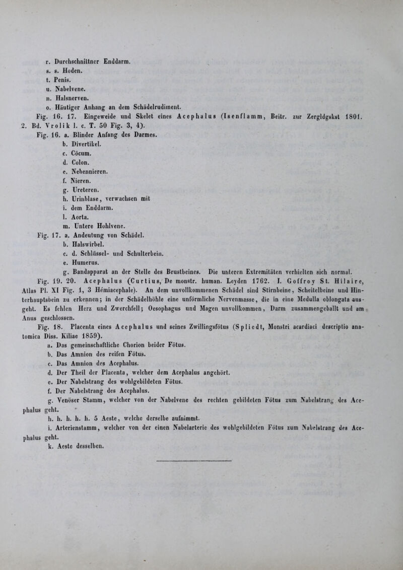 r. Durchschnittncr Enddarm. s. g. Hoden. t. Penis. u. Nabelvene. n. Halsncrveu. o. Häutiger Anhang an dem Schädelrudiment. Fig. 16. 17. Eingeweide und Skelet eines Acephalus (Isenflamm, Beitr. zur Zergldgskst 1801. 2. Bd. Vrolik 1. c. T. 50 Fig. 3, 4). Fig. 16. a. Blinder Anfang des Darmes. b. Divertikel. c. Cöcum. d. Colon. e. Nebennieren. f. Nieren. g. Ureteren. h. Urinblase, verwachsen mit i. dem Enddarm. l. Aorta. m. Untere Hohlvene. Fig. 17. a. Andeutung von Schädel. b. Halswirbel. c. d. Schlüssel- und Schulterbein, e. Humerus. g. Bandapparat an der Stelle des Brustbeines. Die unteren Extremitäten verhielten sich normal. Fig. 19. 20. Acephalus (Curtius, De monstr. human. Leyden 1762. I. Goffroy St. Hilairc, Atlas PI. XI Fig. 1, 3 Hemiaccphale). An dem unvollkommenen Schädel sind Stirnbeine, Scheitelbeine und Hin- terhauptsbein zu erkennen; in der Schädelhöhle eine unförmliche Nervenmassc, die in eine Medulla oblongata aus- geht. Es fehlen Herz und Zwerchfell; Oesophagus und Magen unvollkommen, Darm zusammengcballt und am Anus geschlossen. Fig. 18. Placenta eines Acephalus und seines Zwillingsfötus (Splicdt, Monstri acardiaci descriptio ana- tomica Diss. Kiliae 1859). a. Das gemeinschaftliche Chorion beider Fötus. b. Das Amnion des reifen Fötus. c. Das Amnion des Acephalus. d. Der Theil der Placenta, welcher dem Acephalus angehört. e. Der Nabelstrang des wohlgebildeten Fötus. f. Der Nabclstrang des Acephalus. g. Venöser Stamm, welcher von der Nabelvene des rechten gebildeten Fötus zum Nabclstranb des Are- phalus geht. h. h. h. h. h. 5 Acste, welche derselbe aufnimmt. i. Arterienstamm, welcher von der einen Nabelarterie des wohlgcbildeten Fötus zum Nabelstrang des Ace- phalus geht. k. Acste desselben.