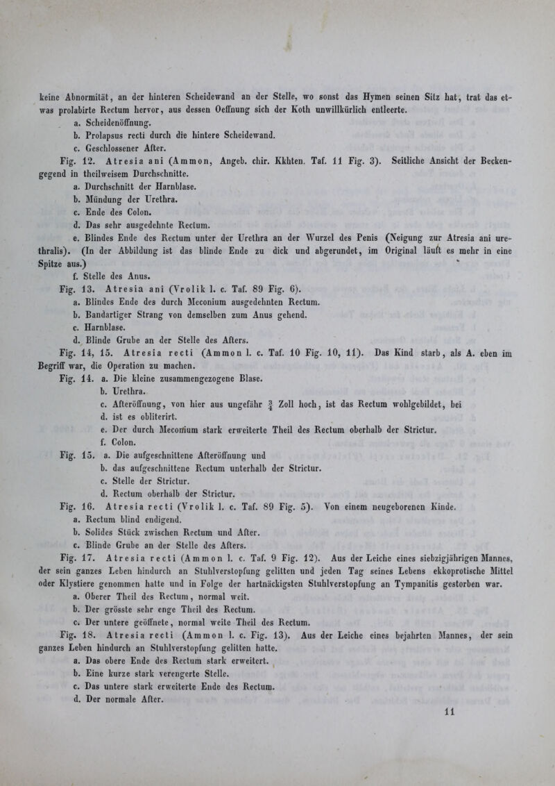 keine Abnormität, an der hinteren Scheidewand an der Stelle, wo sonst das Hymen seinen Sitz hat, trat das et- was prolabirte Rectum hervor, aus dessen Oeffnung sich der Koth unwillkürlich entleerte. a. Scheidenöffnung. b. Prolapsus rccti durch die hintere Scheidewand. c. Geschlossener After. Fig. 12. Atresia ani (Ammon, Angeb. chir. Kkhten. Taf. 11 Fig. 3). Seitliche Ansicht der Becken- gegend in theilweisem Durchschnitte. a. Durchschnitt der Harnblase. b. Mündung der Urethra. c. Ende des Colon. d. Das sehr ausgedehnte Rectum. e. Blindes Ende des Rectum unter der Urethra an der Wurzel des Penis (Neigung zur Atresia ani ure- thralis). (In der Abbildung ist das blinde Ende zu dick und abgerundet, im Original läuft es mehr in eine Spitze aus.) f. Stelle des Anus. Fig. 13. Atresia ani (Vrolik I. c. Taf. 89 Fig. 6). a. Blindes Ende des durch Meconium ausgedehnten Rectum. b. Bandartiger Strang von demselben zum Anus gehend. c. Harnblase. d. Blinde Grube an der Stelle des Afters. Fig. 14, 15. Atresia recti (Ammon 1. c. Taf. 10 Fig. 10, ll). Das Kind starb, als A. eben im Begriff war, die Operation zu machen. Fig. 14. a. Die kleine zusammengezogene Blase. b. Urethra. c. Afteröffnung, von hier aus ungefähr | Zoll hoch, ist das Rectum wohlgebildet, bei d. ist es obliterirt. e. Der durch Mecortium stark erweiterte Theil des Rectum oberhalb der Strictur. f. Colon. Fig. 15. a. Die aufgeschnittenc Afteröffnung und b. das aufgeschnittene Rectum unterhalb der Strictur. c. Stelle der Strictur. d. Pvectum oberhalb der Strictur. Fig. 16. Atresia recti (Vrolik 1. c. Taf. 89 Fig. 5). Von einem neugeborenen Kinde. a. Rectum blind endigend. b. Solides Stück zwischen Rectum und After. c. Blinde Grube an der Stelle des Afters. Fig. 17. Atresia recti (Ammon 1. c. Taf. 9 Fig. 12). Aus der Leiche eines siebzigjährigen Mannes, der sein ganzes Leben hindurch an Stuhlverstopfung gelitten und jeden Tag seines Lebens ekkoprotische Mittel oder Klystiere genommen hatte und in Folge der hartnäckigsten Stuhlverstopfung an Tympanitis gestorben war. a. Oberer Theil des Rectum, normal weit. b. Der grösste sehr enge Theil des Rectum. c. Der untere geöffnete, normal weite Theil des Rectum. Fig. 18. Atresia rccti (Ammon 1. c. Fig. 13). Aus der Leiche eines bejahrten Mannes, der sein ganzes Leben hindurch an Stuhlverstopfung gelitten hatte. a. Das obere Ende des Rectum stark erweitert. b. Eine kurze stark verengerte Stelle. c. Das untere stark erweiterte Ende des Rectum. d. Der normale After. 11