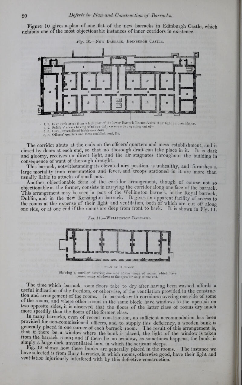 Figure 10 gives a plan of one flat of the new barracks in Edinburgh Castle, which exhibits one of the most objectionable instances of inner corridors in existence. Fig. 10.—New Barrack, Edinburgh Castle. - 1 1. ])<cp surk areas ficm wh'cli pait of li e lower Barrack Booms c’trive their light an cventilation. ?’ 2. Scklieis’ iccirs bivirg w n£ovs cnly tn one side; oieuing cut of— ?, 3. Dark, unventilated ins'de corridors. o’ o. Officers’ quarters and mess establishment, &c. The corridor abuts at the ends on the officers’ quarters and mess establishment, and is closed by doors at each end, so that no thorough draft can take place in it. It is dark and gloomy, receives no direct light, and the air stagnates throughout the building in consequence of want of thorough draught. This barrack, notwithstanding its elevated airy position, is unhealthy, and furnishes a large mortality from consumption and fever, and troops stationed in it arc more than usually liable to attacks of small-pox. Another objectionable form of the corridor arrangement, though of course not so objectionable as the former, consists in carrying the corridor along one face of the barrack. This arrangement may be seen in part of the Wellington barrack, in the Iloyal barrack, Dublin, and in the new Kensington barrack. It gives an apparent facility of access to the rooms at the expense of their light and ventilation, both of which are cut off along one side, or at one end if the rooms are deep from front to back. It is shown in Fig. 11. Fig. 11.—Wellington Barracks. Showing a com lor covering one side of the range of rooms, which have consequently windows to the open air only at one end. The time which barrack room floors take to dry after having been washed affords a useful indication of the freedom, or otherwise, of the ventilation provided in the construc- tion and arrangement of the rooms. In barracks with corridors covering one side of some of the rooms, and where other rooms in the same block have windows to the open air on two opposite sides, it is observed that the floors of the latter class of rooms dry much more speedily than the floors of the former class. In many barracks, even of recent construction, no sufficient accommodation has been proviued for non-commissioned officers, and to supply this deficiency, a wooden bunk is generally placed in one corner of each barrack room. The result of this arrangement is, that if there be a window where the bunk is placed, the light of the window is taken from the barrack room; and if there be no window, as sometimes happens, the bunk is snnply a large dark unventilated box, in which the serjeant sleeps. rig. 12 shows how these bunks are generally placed in the rooms. The instance we have selected is from Bury barracks, in which rooms, otherwise good, have their light and ventilation injuriously interfered with by this defective construction.