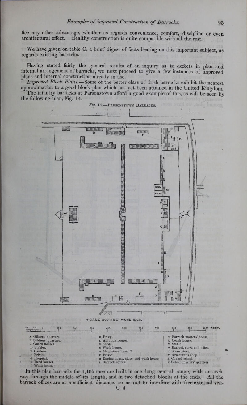 fice any other advantage, whether as regards convenience, comfort, discipline or even architectural effect. Healthy construction is quite compatible with all the rest. We have given on table C. a brief digest of facts bearing on this important subject, as regards existing barracks. Having stated fairly the general results of an inquiry as to defects in plan and internal arrangement of barracks, we next proceed to give a few instances of improved plans and internal construction already in use. Improved Block Plans— Some of the better class of Irish barracks exhibit the nearest approximation to a good block plan which has yet been attained in the United Kingdom. The infantry barracks at Parsonstown afford a good example of this, as will be seen by the following plan, Fig. 14. Fig. 14.—Parsonstown Barracks. 100 50 0 100 tejT=Ffm4 4- 200 200 400 500 6C0 700 800 000 1000 FPgT. H 1-^ \ -4 I I a Officers’ quarters. b Soldiers’ quarters, c Guard houses. d Stables. e Canteen. f Privies. g Hospital. h Dead houses, i Wash house. k Privy. l Ablution houses. m Sheds. n Wash house, o Magazines 1 and 2. r Prison. r Engine house, store, and wash house, s Barrack stores. t Barrack masters’ house, u Coach house, v Stable. w Barrack store and office, x Straw store, x Armourer’s shop, z Chapel school. z' School masters’ quarters. tb In this plan barracks for 1,105 men are built in one long central range, with an arch way through the middle of its length, and in two detached blocks at the ends. All the barrack offices are at a sufficient distance, so as not to interfere with free external ven-