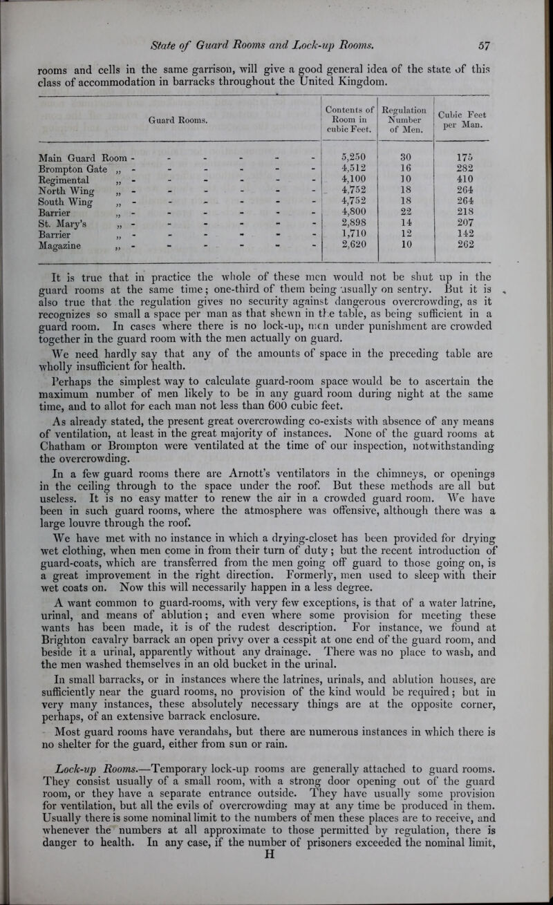 rooms and cells in the same garrison, will give a good general idea of the state, of this class of accommodation in barracks throughout the United Kingdom. Guard Rooms. Contents of Room in cubic Feet. Regulation Number of Men. Cubic Feet per Man. Main Guard Room - . . 5,250 30 175 Brompton Gate >) - - - - 4,512 16 282 Regimental r> - - - - 4,100 10 410 North Wing - - - - 4,752 18 264 South Wing - - - - 4,752 18 264 Barrier - - - - 4,800 22 218 St. Mary’s ?? “ - - - - 2,898 14 207 Barrier - - - - 1,710 12 142 Magazine >> ~ — • 2,620 10 262 It is true that in practice the whole of these men would not be shut up in the guard rooms at the same time; one-third of them being usually on sentry. But it is „ also true that the regulation gives no security against dangerous overcrowding, as it recognizes so small a space per man as that shewn in ti e table, as being sufficient in a guard room. In cases where there is no lock-up, men under punishment are crowded together in the guard room with the men actually on guard. We need hardly say that any of the amounts of space in the preceding table are wholly insufficient for health. Perhaps the simplest way to calculate guard-room space would be to ascertain the maximum number of men likely to be in any guard room during night at the same time, and to allot for each man not less than 600 cubic feet. As already stated, the present great overcrowding co-exists with absence of any means of ventilation, at least in the great majority of instances. None of the guard rooms at Chatham or Brompton were ventilated at the time of our inspection, notwithstanding the overcrowding. In a few guard rooms there are Arnott’s ventilators in the chimneys, or openings in the ceiling through to the space under the roof. But these methods are all but useless. It is no easy matter to renew the air in a crowded guard room. We have been in such guard rooms, where the atmosphere was offensive, although there was a large louvre through the roof. We have met with no instance in which a drying-closet has been provided for drying wet clothing, when men come in from their turn of duty; but the recent introduction of guard-coats, which are transferred from the men going off guard to those going on, is a great improvement in the right direction. Formerly, men used to sleep with their wet coats on. Now this will necessarily happen in a less degree. A want common to guard-rooms, with very few exceptions, is that of a water latrine, urinal, and means of ablution; and even where some provision for meeting these wants has been made, it is of the rudest description. For instance, we found at Brighton cavalry barrack an open privy over a cesspit at one end of the guard room, and beside it a urinal, apparently without any drainage. There was no place to wash, and the men washed themselves in an old bucket in the urinal. In small barracks, or in instances where the latrines, urinals, and ablution houses, are sufficiently near the guard rooms, no provision of the kind would be required; but in very many instances, these absolutely necessary things are at the opposite corner, perhaps, of an extensive barrack enclosure. Most guard rooms have verandahs, but there are numerous instances in which there is no shelter for the guard, either from sun or rain. Lock-up Rooms.—Temporary lock-up rooms are generally attached to guard rooms. They consist usually of a small room, with a strong door opening out of the guard room, or they have a separate entrance outside. They have usually some provision for ventilation, but all the evils of overcrowding may at any time be produced in them. Usually there is some nominal limit to the numbers of men these places are to receive, and whenever the numbers at all approximate to those permitted by regulation, there is danger to health. In any case, if the number of prisoners exceeded the nominal limit,