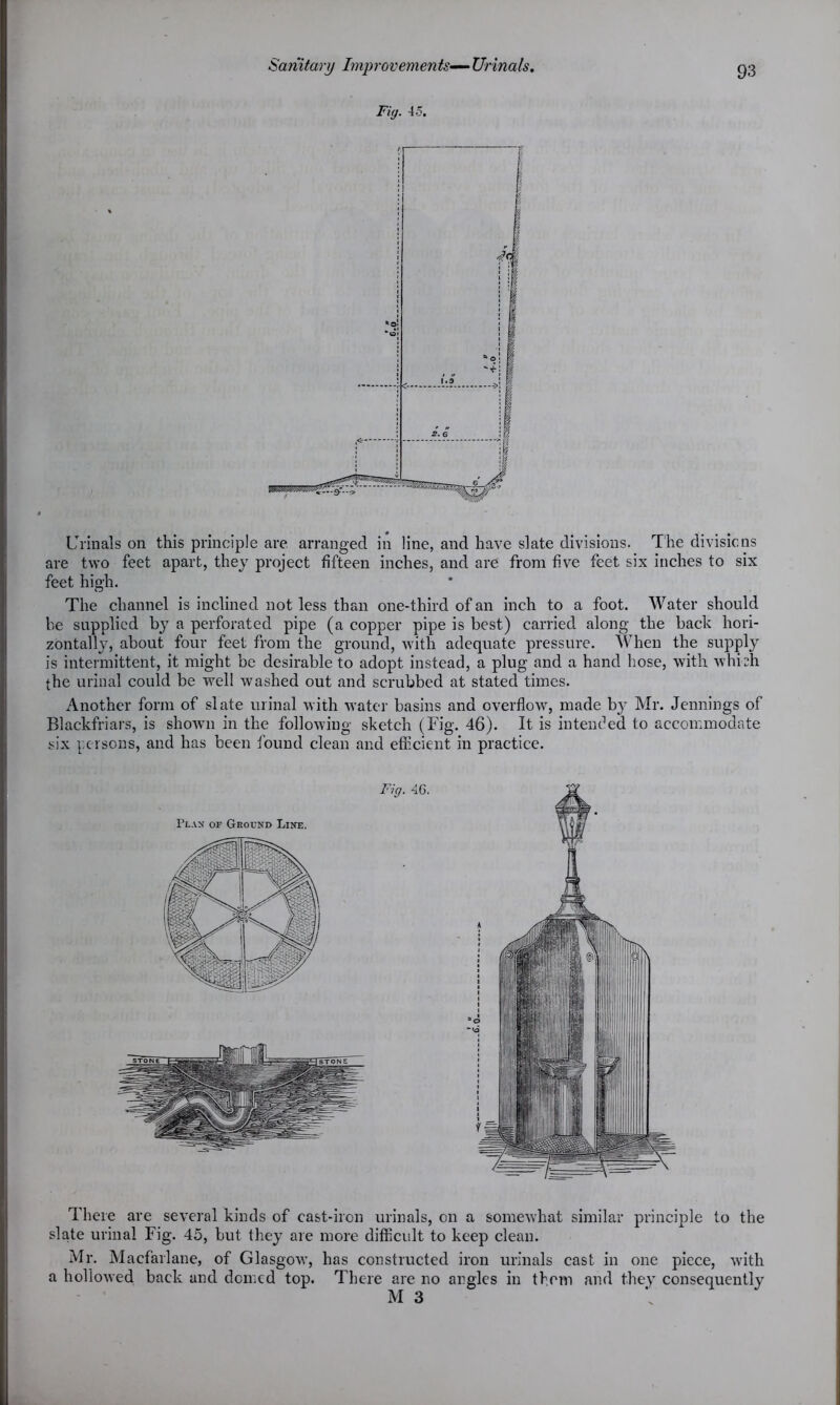 ivV/. 45. Urinals on this principle are arranged in line, and have slate divisions. The divisions are two feet apart, they project fifteen inches, and are from five feet six inches to six feet high. The channel is inclined not less than one-third of an inch to a foot. Water should be supplied by a perforated pipe (a copper pipe is best) carried along the back hori- zontally, about four feet from the ground, with adequate pressure. When the supply is intermittent, it might be desirable to adopt instead, a plug and a hand hose, with which the urinal could be well washed out and scrubbed at stated times. Another form of slate urinal with water basins and overflow, made b}r Mr. Jennings of Blackfriars, is shown in the following sketch (Tig. 46). It is intended to accommodate six persons, and has been found clean and efficient in practice. There are several kinds of cast-iron urinals, on a somewhat similar principle to the slate urinal Fig. 45, but they are more difficult to keep clean. Mr. Macfarlane, of Glasgow, has constructed iron urinals cast in one piece, with a hollowed back and domed top. There are no angles in them and they consequently M 3