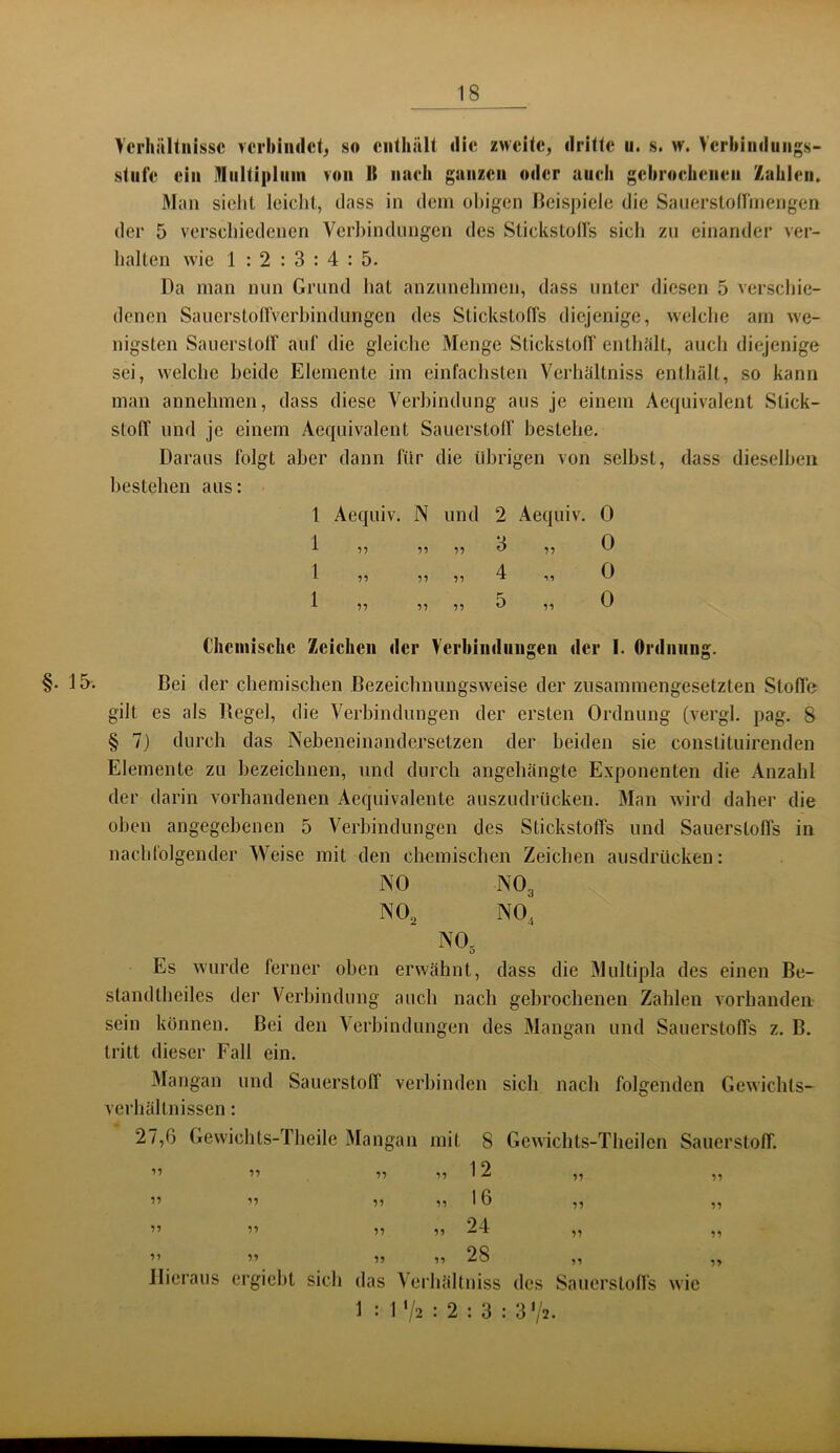 Verhältnisse verbindet, so enthält die zweite, dritte ii. s. w. Verhindiings- stille ein itliiltipliiin von 11 iiiieli ganzen oder auch gebrochenen Zahlen, Man sielit leicht, dass in dein ühigen Beispiele die Sauerstoirmengen der 5 verschiedenen Verhindnngen des StickstoHs sich zn einander ver- halten wie 1 : 2 : 3 : 4 : 5- Da man min Grund hat anznnehmen, dass unter diesen 5 verschie- denen Sanerstotrverhindungen des Stickstoffs diejenige, welche am we- nigsten Saiierstolf auf die gleiche Menge Stickstoff enthält, auch diejenige sei, welche beide Elemente im einfachsten Verhältniss entludt, so kann man annehmen, dass diese Verbindung aus je einem Aequivalent Stick- stoff und je einem Aequivalent Sauerstoff bestehe. Daraus folgt aber dann für die übrigen von selbst, dass dieselben bestellen aus: 1 Aequiv. N und 2 Aequiv. 0 1 1 1 11 11 11 0 11 yj 11 11 4 0 11 11 5 11 0 Chemische Zeichen der Verhiiidiiiigeii der I. Ordiiiiiig. §. 15. Bei der cbemischen Bezeichnungsweise der zusammengesetzten Stoffe gilt es als Begel, die Verbindungen der ersten Ordnung (vergl. pag. B § 7) dureb das Nebeneinandersetzen der beiden sie constituirenden Elemente zu bezeiebnen, und durch angehängte Exponenten die Anzahl der darin vorhandenen Aequivalente auszudrücken. Man wird daher die oben angegebenen 5 Verbindungen des Stickstoffs und Sauerstoffs in nachfolgender Weise mit den chemischen Zeichen ausdrücken: m NO3 NO2 NO, NO3 Es wurde ferner oben erwähnt, dass die Multipla des einen Be- standtheiles der Verbindung auch nach gebrochenen Zahlen vorhanden sein können. Bei den Verbindungen des Mangan und Sauerstoffs z. B. tritt dieser Fall ein. Mangan und Sauerstoff verbinden sich nach folgenden Gewichts- verhältnissen : 27,6 Gewichts-Theile Mangan mit 8 Gewichts-Theilcn Sauerstoff. ” ” n 11 1 2 ,, ,, 11 II 16 ,, „ 11 11 11 11 Hieraus ergieht sich 11 24 „ n 28 ,, das Verhältniss des Saucrstofls wie 1 : 1 V2 : 2 : 3 : 3 '/2.