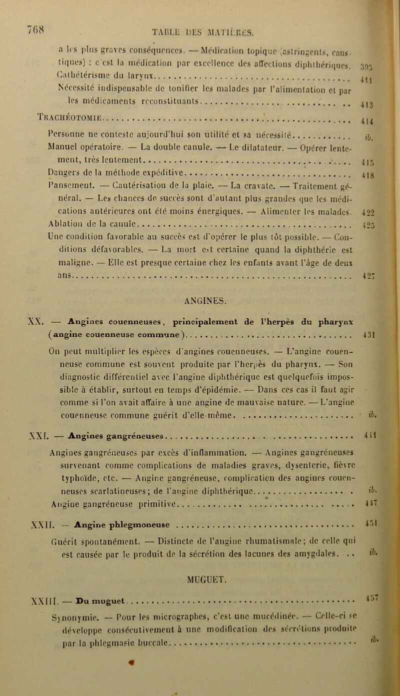 TAULE DLS M ATI Lues. ;i 1rs plus graves conséquences. —Médication topique (astringents, caus- tiques) : c'est la médication par excellence des affections diphtériques, 397 Cathétérisme du larynx ^ Nécessité indispensable de tonifier les malades par l’alimentation et par les médicaments reconstituants ^3 Trachéotomie 4U Personne ne conteste aujourd’hui son utilité et sa nécessité ,•(, Manuel opératoire. — La double canule. — Le dilatateur. — Opérer lente- ment, très lentement 4I« Dangers de la méthode expéditive 41g Pansement. — Cautérisation de la plaie. — La cravate. — Traitement gé- néral. — Les chances de. succès sont d’autant plus grandes que les médi- cations antérieures ont élc moins énergiques. — Alimenter les malades. 422 Ablation de la canule 42j Une condition favorable au succès est d'opérer le plus tôt possible. — Con- ditions défavorables. — La mort c>t certaine quand la diphthéric est maligne. — Elle est presque certaine chez les enfants avant l’dge de deux ans 427 ANGINES. XX. — Angines couenneuses, principalement de l’herpès du pharynx (angine couenneuse commune) 43! On peut multiplier les espèces d'angines couenneuses. — L’angine couen- ncusc commune est souvent produite par l’herpès du pharynx. — Son diagnostic différentiel avec l’angine diphthérique est quelquefois impos- sible à établir, surtout en temps d’épidémie. — Dans ces cas il faut agir comme si l’on avait affaire à une angine de mauvaise nature. — L’angine couenneuse commune guérit d’elle même ib. XXI. — Angines gangréneuses 4 il Angiues gangréneuses par excès d'inflammation. — Angines gangréneuses survenant comme complications de maladies graves, dyscnlcric, fièvre typhoïde, etc. — Angine gangréneuse, complication des angiues couen- neuses scarlatineuses; de l’angine diphthérique ib. Angine gangréneuse primitive 41” XXII. — Angine phlegmoneuse 431 Guérit spontanément. — Distincte de l’angine rhumatismale; de celle qui est causée par le produit de la sécrétion des lacunes des amygdales. .. ib. MUGUET. XXIII. — Du muguet 43 Synonymie. — Pour les micrographes, c’est une mucédinée. — Celle-ci fo développe consécutivement h une modification des sécrétions produite par la phlegmasie buccale «