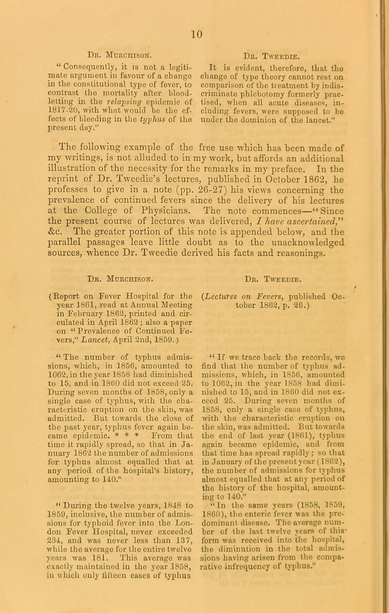 Dr. Murchison. “ Consequently, it is not a legiti- mate argument in favour of a change in the constitutional type of fever, to contrast the mortality after blood- letting in the relapsing epidemic of 1817-20, with what would be the ef- fects of bleeding in the typhus of the present day.” Dr. Tweedie. It is evident, therefore, that the change of type theory cannot rest on comparison of the treatment by indis- criminate phlebotomy formerly prac- tised, when all acute diseases, in- cluding fevers, were supposed to be under the dominion of the lancet.” The following example of the free use which has been made of my writings, is not alluded to in my work, but affords an additional illustration of the necessity for the remarks in my preface. In the reprint of Dr. Tweedie’s lectures, published in October 1862, he professes to give in a note (pp. 26-27) his views concerning the prevalence of continued fevers since the delivery of his lectures at the College of Physicians. The note commences—“ Since the present course of lectures was delivered, I have ascertained,” &c. The greater portion of this note is appended below, and the parallel passages leave little doubt as to the unacknowledged sources, whence Dr. Tweedie derived his facts and reasonings. Dr. Murchison. Dr. Tweedie. (Report on Fever Hospital for the (Lectures on Fevers, published Oc- year 1801, read at Annual Meeting tober 1862, p. 20.) in February 1862, printed and cir- culated in April 1862 ; also a paper on “ Prevalence of Continued Fe- vers,” Lancet, April 2nd, 1859.) “ The number of typhus admis- sions, which, in 1856, amounted to 1062, in the year 1858 had diminished to 15, and in 1860 did not exceed 25. During seven months of 1858, only a single case of typhus, with the cha- racteristic eruption on the skin, was admitted. But towards the close of the past year, typhus fever again be- came epidemic. * * * From that time it rapidly spread, so that in Ja- nuary 1862 the number of admissions for typhus almost equalled that at any period of the hospital’s history, amounting to 140. “ During tho twelve years, 1848 to 1859, inclusive, the number of admis- sions for typhoid fever into the Lon- don Fever Hospital, never exceeded 234, and was never less than 137, while the average for the entire twelve years was 181. This average was exactly maintained in the year 1858, in which only iiftoen cases of typhus “ If we trace back the records, wo find that the number of typhus ad- missions, which, in 1856, amounted to 1062, in the year 1858 had dimi- nished to 15, and in 1860 did not ex- ceed 25. During seven months of 1858, only a single case of typhus, with the characteristic eruption on the skin, was admitted. But towards the end of last year (1861), typhus again became epidemic, and from that time has spread rapidly; so that in January of the presentyear (1862), the number of admissions for typhus almost equalled that at any period of the history of the hospital, amount- ing to 140.” “ In the same years (1858, 1859, I860), the enteric fever was the pre- dominant disease. The average num- ber of the last twelve Jem's of this' form was received into the hospital, the diminution in the total admis- sions having arisen from the compa- rative infrequency of typhus.”