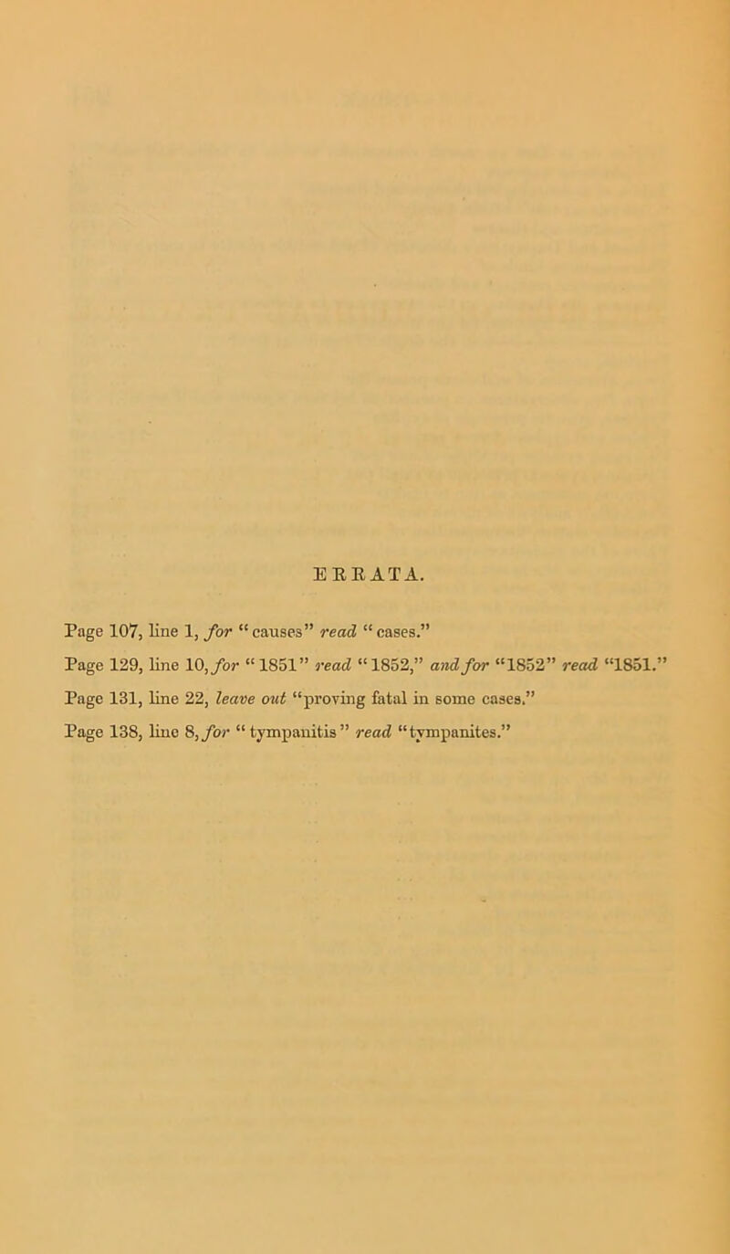 ERRATA. Page 107, line 1, for “ causes” read “ cases.” Page 129, line 10, for “ 1851” read “1852,” and for “1852” read “1851.” Page 131, line 22, leave out “proving fatal in some cases.” Page 138, line 8, for “ tympanitis” read “tympanites.”