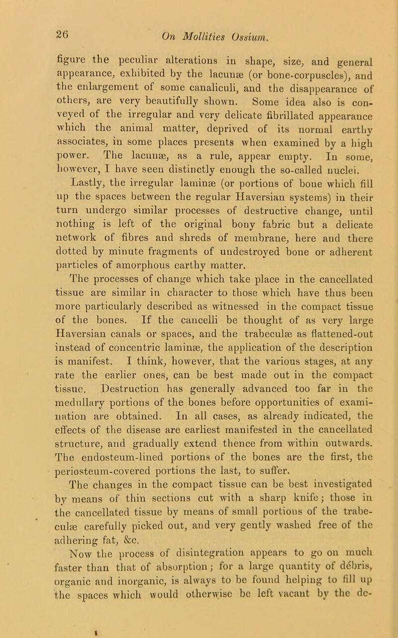 figure the peculiar alterations in shape, size, and general appearance, exhibited by the lacunae (or bone-corpuscles), and the enlargement ot some canaliculi, and the disappearance of others, are very beautifully shown. Some idea also is con- veyed of the irregular and very delicate fibrillated appearance which the animal matter, deprived of its normal earthy associates, in some places presents when examined by a high power. The lacunae, as a rule, appear empty. In some, however, I have seen distinctly enough the so-called nuclei. Lastly, the irregular laminae (or portions of bone which fill up the spaces between the regular Ilaversiau systems) in their turn undergo similar processes of destructive change, until nothing is left of the original bony fabric but a delicate network of fibres and shreds of membrane, here aud there dotted by minute fragments of uudestroyed bone or adherent particles of amorphous earthy matter. The processes of change which take place in the cancellated tissue are similar in character to those which have thus beeu more particularly described as witnessed in the compact tissue of the bones. If the cancelli be thought of as very large Haversian canals or spaces, and the trabeculae as fiattened-out instead of concentric laminae, the application of the description is manifest. I think, however, that the various stages, at any rate the earlier ones, can be best made out in the compact tissue. Destruction has generally advanced too far in the medullary portions of the bones before opportunities of exami- nation are obtained. In all cases, as already indicated, the effects of the disease are earliest manifested in the cancellated structure, and gradually extend thence from within outwards. The endosteum-lined portions of the bones are the first, the periosteum-covered portions the last, to suffer. The changes in the compact tissue can be best investigated by means of thin sections cut with a sharp knife; those in the cancellated tissue by means of small portions of the trabe- culae carefully picked out, and very gently washed free of the adhering fat, &c. Now the process of disintegration appears to go on much faster than that of absorption; for a large quantity of debris, organic and inorganic, is always to be found helping to fill up the spaces which would otherwise be left vacant by the de-