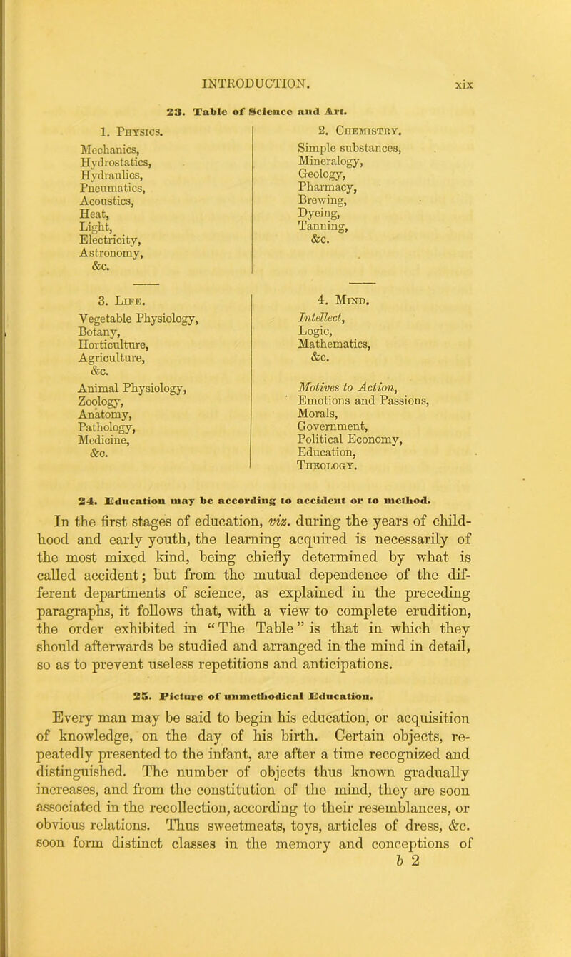 23. Tabic of Science and Arl. 1. Physics. Mechanics, Hydrostatics, Hydraulics, Pneumatics, Acoustics, Heat, Light, Electricity, Astronomy, &c. 3. Life. Vegetable Physiology, Botany, Horticulture, Agriculture, &c. Animal Physiology, Zoology, Anatomy, Pathology, Medicine, &c. 2. Chemistry. Simple substances, Mineralogy, Geology, Pharmacy, Brewing, Dyeing, Tanning, &c. 4. Mind. Intellect, Logic, Mathematics, &c. Motives to Action, Emotions and Passions, Morals, Government, Political Economy, Education, Theology. 24. Education may be according to accident or to method. In the first stages of education, viz. during the years of child- hood and early youth, the learning acquired is necessarily of the most mixed kind, being chiefly determined by what is called accident; but from the mutual dependence of the dif- ferent departments of science, as explained in the preceding paragraphs, it follows that, with a view to complete erudition, the order exhibited in “ The Table ” is that in which they should afterwards be studied and arranged in the mind in detail, so as to prevent useless repetitions and anticipations. 2». Picture of unmethodical Education. Every man may be said to begin his education, or acquisition of knowledge, on the day of his birth. Certain objects, re- peatedly presented to the infant, are after a time recognized and distinguished. The number of objects thus known gradually increases, and from the constitution of the mind, they are soon associated in the recollection, according to their resemblances, or obvious relations. Thus sweetmeats, toys, articles of dress, &c. soon form distinct classes in the memory and conceptions of b 2