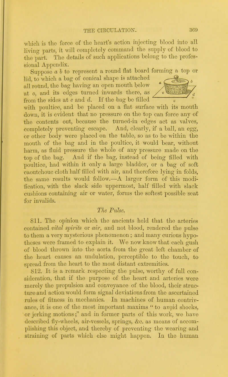 which is the force of the heart’s action injecting blood into all living parts, it will completely command the supply of blood to the part. The details of such applications belong to the profes- sional Appendix. Suppose a & to represent a round flat board forming a top or lid, to which a bag of conical shape is attached u'lfes') b all round, the bag having an open mouth below at o, aud its edges turned inwards there, as from the sides at c and cl. If the bag be filled 0 with poultice, and be placed on a flat surface with its mouth down, it is evident that no pressure on the top can force any of the contents out, because the turned-in edges act as valves, completely preventing escape. And, clearly, if a ball, an egg, or other body were placed on the table, so as to be within the mouth of the bag and in the poultice, it would bear, without harm, as fluid pressure the whole of any pressure made on the top of the bag. And if the bag, instead of being filled with poultice, had within it only a large bladder, or a bag of soft caoutchouc cloth half filled with air, and therefore lying in folds, the same results would follow.—A larger form of this modi- fication, with the slack side uppermost, half filled with slack cushions containing air or water, forms the softest possible seat for invalids. The Pulse. 811. The opinion which the ancients held that the arteries contained vital spirits or air, and not blood, rendered the pulse to them a very mysterious phenomenon ; and many curious hypo- theses were framed to explain it. We now know that each gush of blood thrown into the aorta from the great left chamber of the heart causes an undulation, perceptible to the touch, to spread from the heart to the most distant extremities. 812. It is a remark respecting the pulse, worthy of full con- sideration, that if the purpose of the heart and arteries were merely the propulsion and conveyance of the blood, their struc- ture and action would form signal deviations from the ascertained rules of fitness in mechanics. In machines of human contriv- ance, it is one of the most important maxims “ to avoid shocks, or jerking motionsand in former parts of this work, we have described fly-wheels, air-vessels, springs, &c. as means of accom- plishing this object, and thereby of preventing the wearing and straining of parts which else might happen. In the human