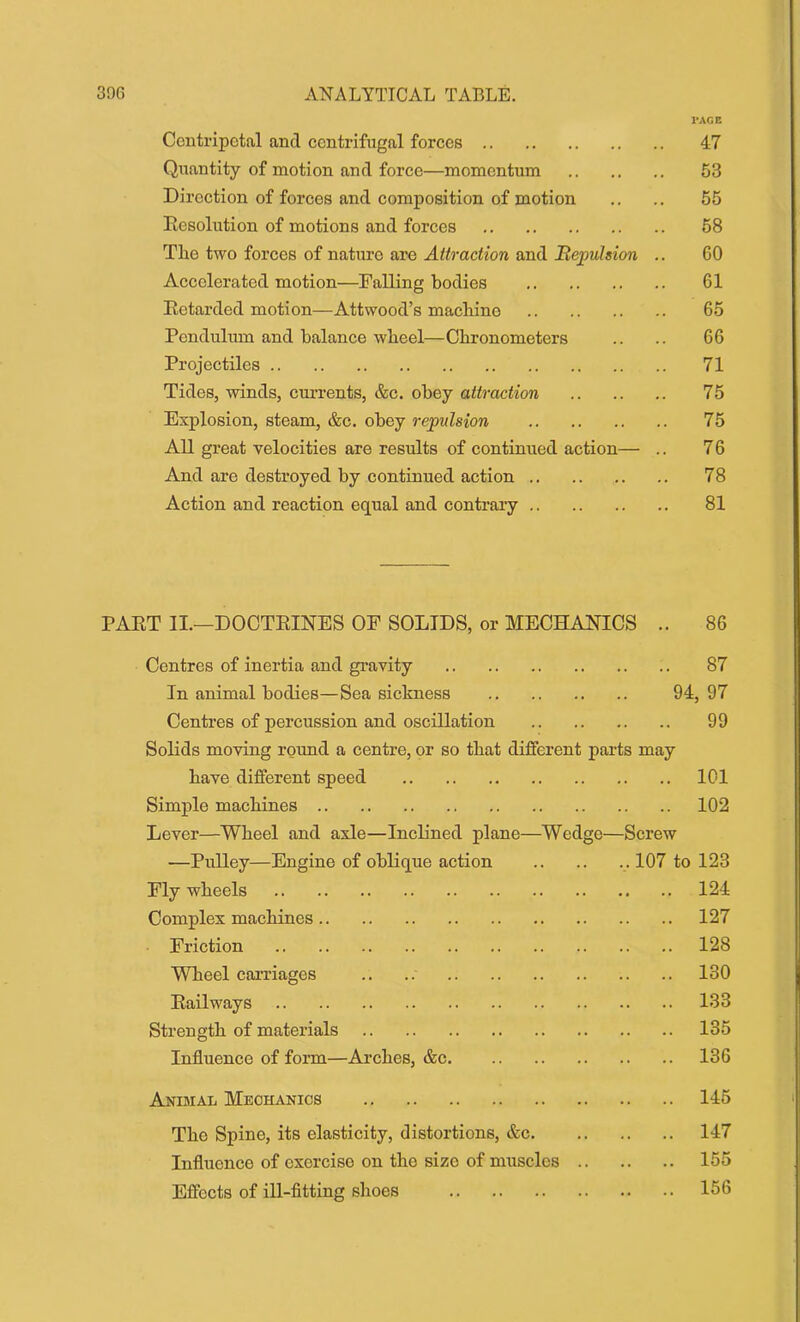PAGE Centripetal and centrifugal forces 47 Quantity of motion and force—momentum 53 Direction of forces and composition of motion .. .. 55 Resolution of motions and forces 58 The two forces of nature are Attraction and Repulsion .. 60 Accelerated motion—Falling bodies 61 Retarded motion—Attwood’s machine 65 Pendulum and balance wheel—Chronometers .. .. 66 Projectiles 71 Tides, winds, currents, &c. obey attraction 75 Explosion, steam, &c. obey repulsion 75 All great velocities are results of continued action— .. 76 And are destroyed by continued action 78 Action and reaction equal and contrary 81 PART II.—DOCTRINES OF SOLIDS, or MECHANICS .. 86 Centres of inertia and gravity 87 In animal bodies—Sea sickness 94, 97 Centres of percussion and oscillation 99 Solids moving round a centre, or so that different parts may have different speed 101 Simple machines 102 Lever—Wheel and axle—Inclined plane—Wedge—Screw —Pulley—Engine of oblique action 107 to 123 Fly wheels 124 Complex machines 127 Friction 128 Wheel carriages .. .. 130 Railways 133 Strength of materials 135 Influence of form—Arches, &c 136 Animal Mechanics 145 The Spine, its elasticity, distortions, &c 147 Influence of exerciso on the size of muscles 155 Effects of ill-fitting shoes 156
