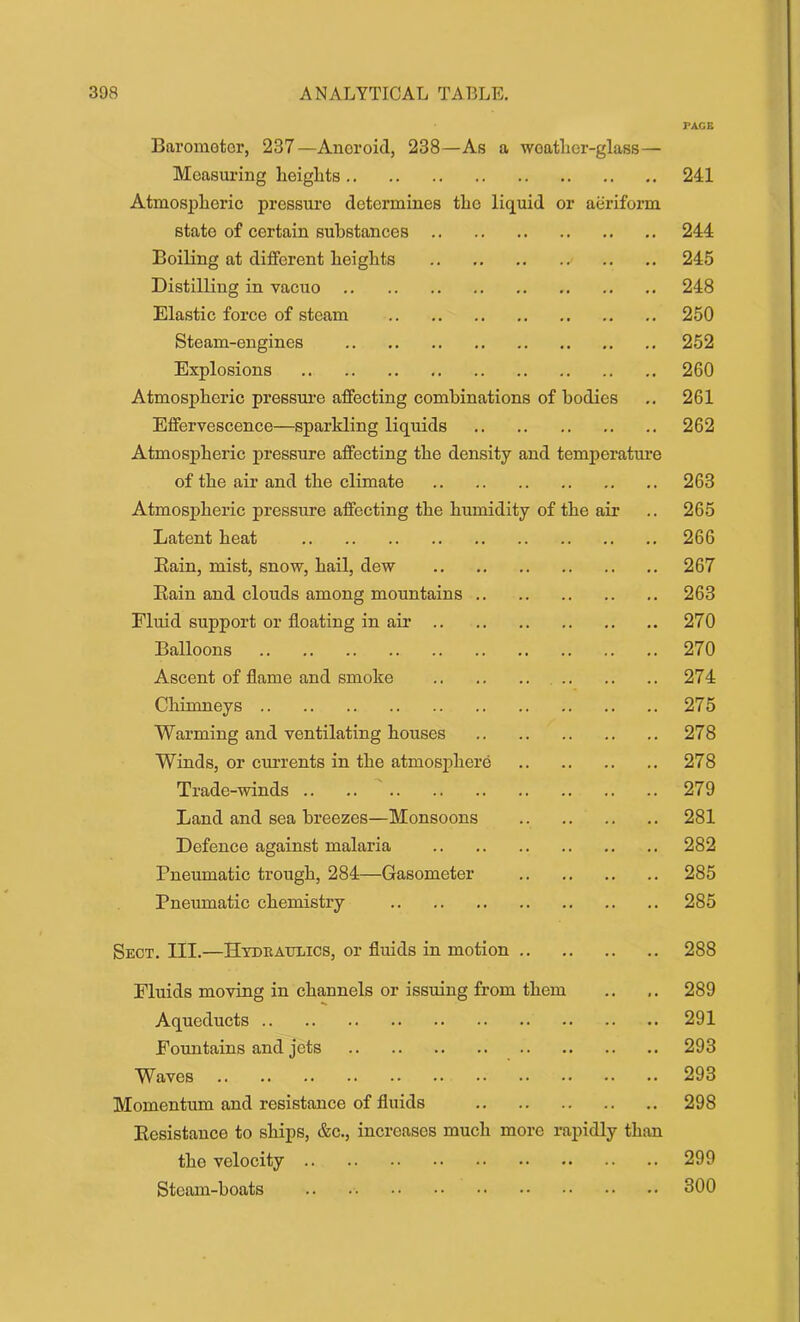 PACE Barometer, 237—Aneroid, 238—As a woatlier-glass— Measuring lieiglits 241 Atmospheric pressure determines the liquid or aeriform state of certain substances 244 Boiling at different heights ^ .. .. 245 Distilling in vacuo 248 Elastic force of steam 250 Steam-engines 252 Explosions 260 Atmospheric pressure affecting combinations of bodies .. 261 Effervescence—sparkling liquids 262 Atmospheric pressure affecting the density and temperature of the air and the climate 263 Atmospheric pressure affecting the humidity of the air .. 265 Latent heat 266 Bain, mist, snow, hail, dew 267 Bain and clouds among mountains 263 Fluid support or floating in air 270 Balloons 270 Ascent of flame and smoke 274 Chimneys 275 Warming and ventilating houses 278 Winds, or currents in the atmosphere 278 Trade-winds 279 Land and sea breezes—Monsoons 281 Defence against malaria 282 Pneumatic trough, 284—Gasometer 285 Pneumatic chemistry 285 Sect. III.—Hydraulics, or fluids in motion 288 Fluids moving in channels or issuing from them .. ,. 289 Aqueducts 291 Fountains and jets 293 Waves 293 Momentum and resistance of fluids 298 Besistance to ships, &c., increases much more rapidly than the velocity 299 Steam-boats 300
