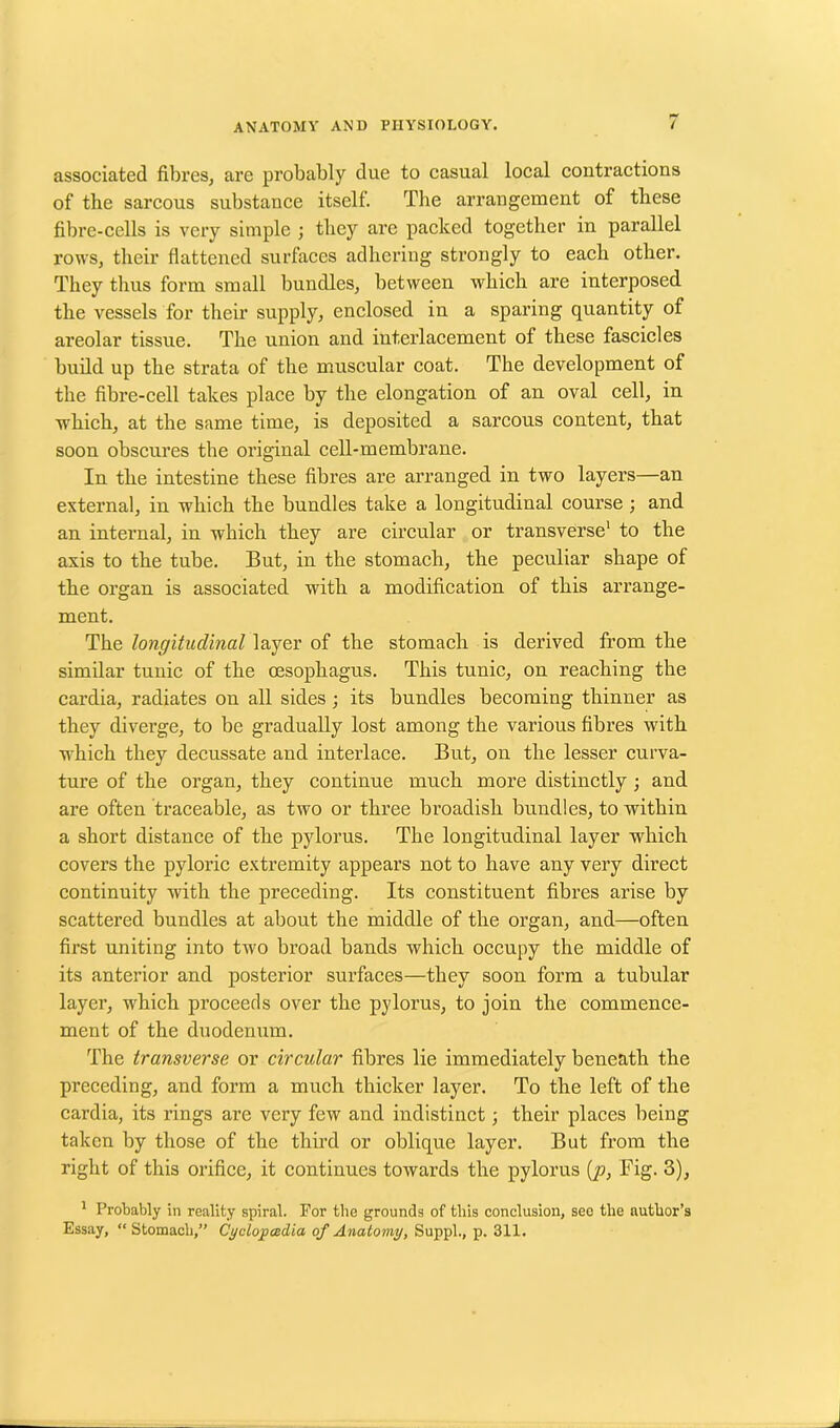 associated fibres, are probably due to casual local contractions of the sarcous substance itself. The arrangement of these fibre-cells is very simple ; they are packed together in parallel rows, their flattened surfaces adhering strongly to each other. They thus form small bundles, between which are interposed the vessels for their supply, enclosed in a sparing quantity of areolar tissue. The union and interlacement of these fascicles build up the strata of the muscular coat. The development of the fibre-cell takes place by the elongation of an oval cell, in which, at the same time, is deposited a sarcous content, that soon obscures the original cell-membrane. In the intestine these fibres are arranged in two layers—an external, in which the bundles take a longitudinal course ; and an internal, in which they are circular or transverse1 to the axis to the tube. But, in the stomach, the peculiar shape of the organ is associated with a modification of this arrange- ment. The longitudinal layer of the stomach is derived from the similar tunic of the oesophagus. This tunic, on reaching the cardia, radiates on all sides; its bundles becoming thinner as they divei’ge, to be gradually lost among the various fibres with which they decussate and interlace. But, on the lesser curva- ture of the organ, they continue much more distinctly ; and are often traceable, as two or three broadish bundles, to within a short distance of the pylorus. The longitudinal layer which covers the pyloric extremity appears not to have any very direct continuity with the preceding. Its constituent fibres arise by scattered bundles at about the middle of the organ, and—often first uniting into two broad bands which occupy the middle of its anterior and posterior surfaces—they soon form a tubular layer, which proceeds over the pylorus, to join the commence- ment of the duodenum. The transverse or circular fibres lie immediately beneath the preceding, and form a much thicker layer. To the left of the cardia, its rings are very few and indistinct; their places being taken by those of the third or oblique layer. But from the right of this orifice, it continues towards the pylorus (p, Big. 3), 1 Probably in reality spiral. For the grounds of this conclusion, sec the author’s Essay, “ Stomach,” Cyclopaedia of Anatomy, Suppl., p. 311.