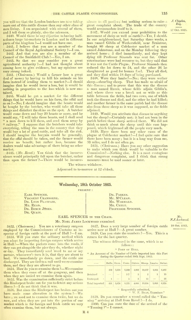 you will sec that the London butchers are now taking more out of this cattle disease than any other class of men living. I am acquainted with several of them, and I tell them so plainly, also the salesmen. 3440. Would there be any objection to having half- a-dozen large fat-markets in London and in different parts of the kingdom ?—I would not have one. 3441. I believe that you are a member of the Council of the Royal Agricultural Society ?—I am. 3442. And that you are also a member of the Council of the Smithfield Club ?—Yes, T am. ' 3443. So that we may consider you a great agricultural authority ?—I had not thought about coming here to give evidence, but my opinions are very strong indeed. 3441. (Chairman.) Would a farmer lose a great deal of money by having to kill his animals on his farm instead of sending them to market ?—I should imagine that he would incur a loss, but it would be nothing in proportion to the loss which is now sus- tained. 3445. Would he get a market for the different things that he would have on his farm, the offal and so on ?—No; I should imagine that the beasts would be bought by the butcher, who would take all those things and disinfect the skins on the spot. A butcher would come down and buy 20 beasts or more, and he would say, “I will take those beasts, and I shall send “ a man down to kill them, and send them away by “ railway.” I suppose that the butchers would take everything, telling the man in the country that they would buy a lot of good cattle, and take all the risk. I should imagine the bargain would be generally, that the offal should be taken, and the farmer would receive no benefit, but rather loss, because the dealers would take advantage of there being no other market. 3446. {Mr. Read.) You think that the .inconve- nience would principally fall upon the butcher, rather than upon the farmer ?—-There would be inconve- ni'eiiee to all partiesbut nothing serious to raise a great complaint about. The trade of the -country would accommodate itself to it. 3447. Would you extend your prohibition to the movement of sheep as well as cattle?—Yes, I should. In our neighbourhood, last Saturday three weeks, a man named Giblin of Wethersfield, near Braintree, bought 80 sheep at Colchester market of a man named Johnstone, and on the Monday following they arrived home ; 5 died immediately, and they kept dying till Professor Simonds was sent for. Other veterinarians were had recourse to, but they said that it was not the Cattle Plague. Professor Simonds then reduced the lot down to 54, and the other 26 he slaughtered as good for human food. They all died-, and they died within 18 days of being purchased. 3448. Were they lambs ?—No ; they were wether sheep—shearling sheep. That has made us afraid of this disease; and to prove that this was the disease a man named Raven, whose fields adjoin Giblin’s, and where there was a brook not so wide as this table between the fields, had two cows, one of which took the disease and died, and the other he had killed; and another farmer in the same parish had the disease also from those sheep as it was supposed, as the fields adjoined. 3449. Would you attribute that disease to anything but the sheep?—Certainly not; it had not been in the parish before those sheep arrived there. We did not think so much about the sheep until this case hap- pened, which frightened all the people very much. 3450. Have there been any other cases of the plague at Colchester market ?—I feel quite sure that there have been many; but it is a long way from me, 33 miles, and I do not often go. 3451. (Chairman.) Have you any other suggestion to make which you think would be valuable to the Commission?—Nothing else. It is a most contagious and dangerous complaint, and I think that strong measures must be used sooner or later. The witness withdrew. J. Clayden, Esq. 17 Oct. 1865. Adjourned to to-morrow at 12 o’clock. Wednesday, 18th October 1865. Earl Spencer. Viscount Cranborne. Dr. Lyon Playfair. Mr. Read. Dr. Bence JOnes. Dr. Quain. Dr. Parkes. Mr. M‘Clean. Mr. Wormald. Mr. Ceely. Professor Spooner. EARL SPENCER in the Chair. Mr. Noel James Lockwood examined. Mr. N.J. Lockwood. 3452. ( Chairman.) You are a veterinary surgeon employed by the Commissioners of Customs as in- spector of foreign cattle at the port of Hull ?—I am. 3453. Will you state the ordinary method which you adopt for inspecting foreign cargoes which arrive at Hull ?—When the packets come into the roads, if they can get alongside the pier they do, whether night or day. They immediately send word to me or my partner, whosoever’s turn it is, that they are about to land. We immediately go down, and the cattle ai’e discharged. They are tied to a rail until we re-examine them, and they they are allowed to go. 3454. How do you re-examine them ?—We examine them when they come off at the gangway, and then when they are untied we examine them again. 3455. Was the examination sufficiently strict before this Rinderpest bi’oke out for you to detect any serious illness ?—I do not think that it was. 3456. But since the Rinderpest has broken out you have made some alteration in the system ?—We have ; we used not to examine them twice, but we do now, and when they are put into the portion of our market which is for foreign and Irish cattle we very often examine them, but not always. 3457. Does a very large number of foreign cattle arrive now at Hull ?—A great number. 3458. Can you state the numbers ?—Yes. This is a return for the last quai’ter. The witness delivered in the same, which is as follows : “ Port- of Hum,. “ An Account of the Number of Cattle imported into this Port during the Quarter ended 30th Sept. 1865. — Bulls. Oxen. Cows. Calves. Sheep. Lambs. Swiue. 450 3,676 8,109 4,002 19,137 1,015 6,486 Detained - 107 3 2 1 15 Destroyed 1 1 - 3 15 - _ 23 Total imported 451 | 3,676 8,221 4,008 19,154 1,016 6,524 “ Respectfully submitted, “ W. F. Bisan, Examiner.” 3459. Do you remember a vessel called the “ Ton- ning ” arriving at Hull from Revel ?—I do. 3460. Can you state the date of the arrival of the “ Tonning ?”— I cannot. 18 Oct. 1865.