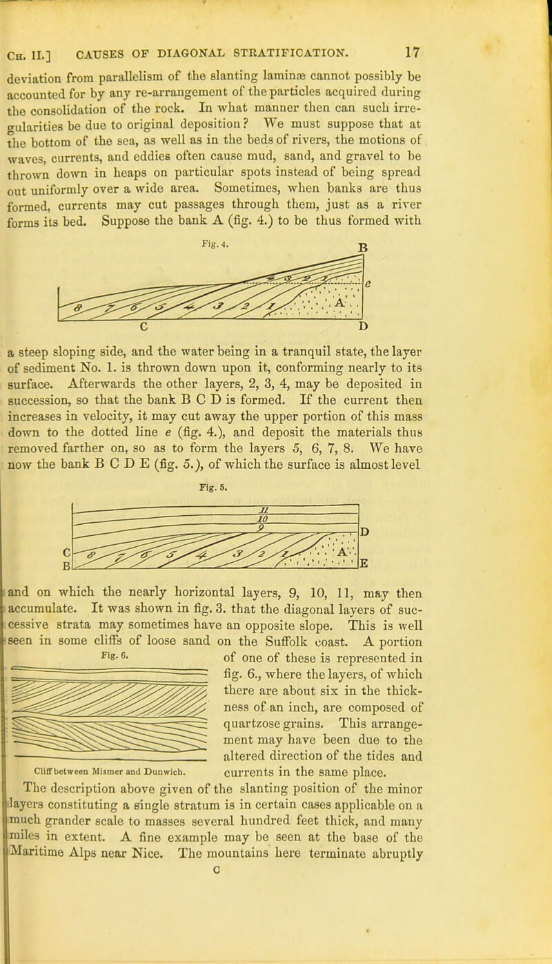 Cn. II.] CAUSES OF DIAGONAL STRATIFICATION. deviation from parallelism of the slanting laminm cannot possibly be accounted for by any re-arrangement of the particles acquired during the consolidation of the rock. In what manner then can such irre- gularities be due to original deposition ? We must suppose that at the bottom of the sea, as well as in the beds of rivers, the motions of waves, currents, and eddies often cause mud, sand, and gravel to be thrown down in heaps on particular spots instead of being spread out uniformly over a wide area. Sometimes, when banks are thus formed, currents may cut passages through them, just as a river forms its bed. Suppose the bank A (fig. 4.) to be thus formed with Fig.4. £ a steep sloping side, and the water being in a tranquil state, the layer of sediment No. 1. is thrown down upon it, conforming nearly to its surface. Afterwards the other layers, 2, 3, 4, may be deposited in succession, so that the bank B C D is formed. If the current then increases in velocity, it may cut away the upper portion of this mass down to the dotted line e (fig. 4.), and deposit the materials thus removed farther on, so as to form the layers 5, 6, 7, 8. We have now the bank B C D E (fig. 5.), of which the surface is almost level Fig. 5. D E and on which the nearly horizontal layers, 9, 10, 11, may then accumulate. It was shown in fig. 3. that the diagonal layers of suc- cessive strata may sometimes have an opposite slope. This is well ■seen in some cliffs of loose sand on the Suffolk coast. A portion of one of these is represented in fig. 6., where the layers, of which there are about six in the thick- ness of an inch, are composed of quartzose grains. This arrange- ment may have been due to the altered direction of the tides and currents in the same place. The description above given of the slanting position of the minor layers constituting a single stratum is in certain cases applicable on a much grander scale to masses several hundred feet thick, and many miles in extent. A fine example may be seen at the base of the Maritime Alps near Nice. The mountains here terminate abruptly c Fig. 6. Cliffbetween Mismer and Dunwich.