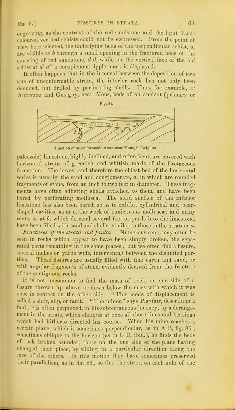 engraving, as the contrast of the red sandstone and the light fawn- coloured vertical schists could not be expressed. From the point of view here selected, the underlying beds of the perpendicular schist, a, are visible at b through a small opening in the fractured beds of the covering of red sandstone, d d, while on the vertical face of the old schist at a' a a conspicuous ripple-mark is displayed. It often happens that in the interval between the deposition of two sets of unconformable strata, the inferior rock has not only been denuded, but drilled by perforating shells. Thus, for example, at Autreppe and Gusigny, near Mons, beds of an ancient (primary or Fig. 81. paleozoic) limestone, highly inclined, and often bent, are covered with horizontal strata of greenish and whitish marls of the Cretaceous formation. The lowest and therefore the oldest bed of the horizontal series is usually the sand and conglomerate, a, in which are rounded fragments of stone, from an inch to two feet in diameter. These frag- ments have often adhering shells attached to them, and have been bored by perforating mollusca. The solid surface of the inferior limestone has also been bored, so as to exhibit cylindrical and pear- shaped cavities, as at c, the work of saxicavous mollusca; and many rents, as at b, which descend several feet or yards into the limestone, have been filled with sand and shells, similar to those in the stratum a. Fractures of the strata and faults.—Numerous rents may often be seen in rocks which appear to have been simply broken, the sepa- rated parts remaining in the same places; but we often find a fissure, several inches or yards wide, intervening between the disunited por- tions. These fissures are usually filled with fine earth and sand, or with angular fragments of stone, evidently derived from the fracture of the contiguous rocks. It is not uncommon to find the mass of rock, on one side of a fissure thrown up above or down below the mass with which it was once in contact on the other side. “ This mode of displacement is called a shift, slip, or fault. “ The miner,” says Playfair, describing a fault, “is often perplexed, in his subterraneous journey, by a derange- ment in the strata, which changes at once all those lines and bearings which had hitherto directed his course. When his mine reaches a certain plane, which is sometimes perpendicular, as in A B, fig. 85., sometimes oblique to the horizon (as in C D, ibid.), he finds the beds of rock broken asunder, those on the one side of the plane having changed their place, by sliding in a particular direction along the face of the others. In this motion they have sometimes preserved their parallelism, as in fig. 85., so that the strata on each side of the