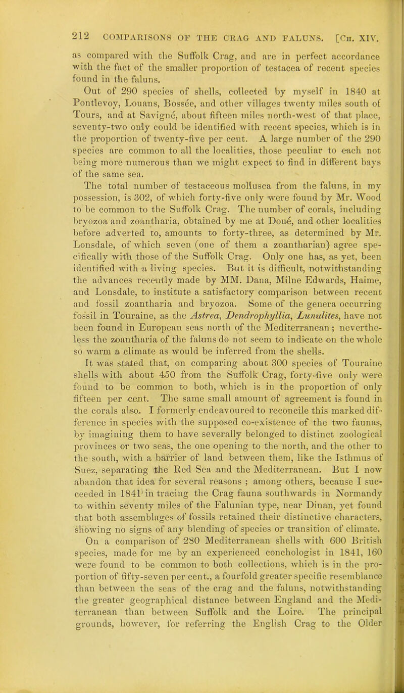 as compared with the Suffolk Crag, and are in perfect accordance with the fact of the smaller proportion of testacea of recent species found in the faluns. Out of 290 species of shells, collected by myself in 1840 at Pontlevoy, Louans, Bossee, and other villages twenty miles south of Tours, and at Savigne, about fifteen miles north-west of that place, seventy-two only could be identified with recent species, which is in the proportion of twenty-five per cent. A large number of the 290 species are common to all the localities, those peculiar to each not being more numerous than we might expect to find in different bays of the same sea. The total number of testaceous moliusca from the faluns, in my possession, is 302, of which forty-five only were found by Mr. Wood to be common to the Suffolk Crag. The number of corals, including bryozoa and zoantharia, obtained by me at Done, and other localities before adverted to, amounts to forty-three, as determined by Mr. Lonsdale, of which seven (one of them a zoantliarian) agree spe- cifically with those of the Suffolk Crag. Only one has, as yet, been identified with a living species. But it is difficult, notwithstanding the advances recently made by MM. Dana, Milne Edwards, Haime, and Lonsdale, to institute a satisfactory comparison between recent and fossil zoantharia and bryozoa. Some of the genera occurring fossil in Touraine, as the Astrea, Dendrophyllia, Lunulites, have not been found in European seas north of the Mediterranean; neverthe- less the zoantharia of the faluns do not seem to indicate on the whole so warm a climate as would be inferred from the shells. It was stated that, on comparing about 300 species of Touraine shells with about 450 from the Suffolk Crag, forty-five only were found to be common to both, which is in the proportion of only fifteen per cent. The same small amount of agreement is found in the corals also. I formerly endeavoured to reconcile this marked dif- ference in species with the supposed co-existence of the two faunas, by imagining them to have severally belonged to distinct zoological provinces or two seas, the one opening to the north, and the other to the south, with a barrier of land between them, like the Isthmus of Suez, separating the Red Sea and the Mediterranean. But I now abandon that idea for several reasons ; among others, because I suc- ceeded in 1841 in tracing the Crag fauna southwards in Normandy to within seventy miles of the Falunian type, near Diuan, yet found that both assemblages of fossils retained their distinctive characters, showing no signs of any blending of species or transition of climate. On a comparison of 280 Mediterranean shells with 600 British species, made for me by an experienced conchologist in 1841, 160 were found to be common to both collections, which is in the pro- portion of fifty-seven per cent., a fourfold greater specific resemblance than between the seas of the crag and the faluns, notwithstanding the greater geographical distance between England and the Medi- terranean than between Suffolk and the Loire. The principal grounds, however, for referring the English Crag to the Older