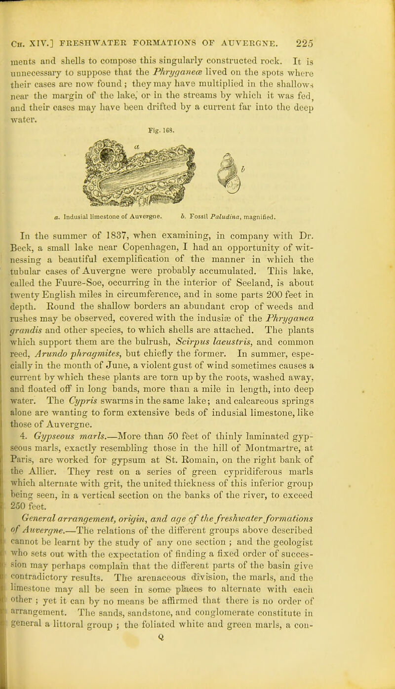 ments and shells to compose this singularly constructed rock. It is unnecessary to suppose that the Phryganece lived ou the spots where their cases are now found; they may have multiplied in the shallows near the margin of the lake,' or in the streams by which it was fed, and their cases may have been drifted by a current far into the deep water. Fig. 16S. a. Indusial limestone of Auvergne. b. Fossil Paludina, magnified. In the summer of 1837, when examining, in company with Dr. Beck, a small lake near Copenhagen, I had an opportunity of wit- nessing a beautiful exemplification of the manner in which the tubular cases of Auvergne were probably accumulated. This lake, called the Fuure-Soe, occurring in the interior of Seeland, is about twenty English miles in circumference, and in some parts 200 feet in depth. Round the shallow borders an abundant crop of weeds and rushes may be observed, covered with the indusire of the Phryganea, grandis and other species, to which shells are attached. The plants which support them are the bulrush, Scirpus laeustris, and common reed, Artmdo phragmites, but chiefly the former. In summer, espe- cially in the month of June, a violent gust of wind sometimes causes a current by which these plants are torn up by the roots, washed away, and floated off in long bands, more than a mile in length, into deep water. The Cypris swarms in the same lake; and calcareous springs alone are wanting to form extensive beds of indusial limestone, like those of Auvergne. 4. Gypseous marls.—More than 50 feet of thinly laminated gyp- seous marls, exactly resembling those in the hill of Montmartre, at Paris, are worked for gypsum at St. Romain, on the right bank of the Allier. They rest on a series of green cypridiferous marls which alternate with grit, the united thickness of this inferior group being seen, in a vertical section on the banks of the river, to exceed 250 feet. General arrangement, origin, and age of the freshwater formations of Auvergne.—The relations of the different groups above described cannot be learnt by the study of any one section ; and the geologist who sets out with the expectation of finding a fixed order of succes- sion may perhaps complain that the different parts of the basin give contradictory results. The arenaceous division, the marls, and the limestone may all be seen in some' pfoees to alternate with eacii other ; yet it can by no means be affirmed that there is no order of arrangement. The sands, sandstone, and conglomerate constitute in general a littoral group ; the foliated white and green marls, a cou- Q