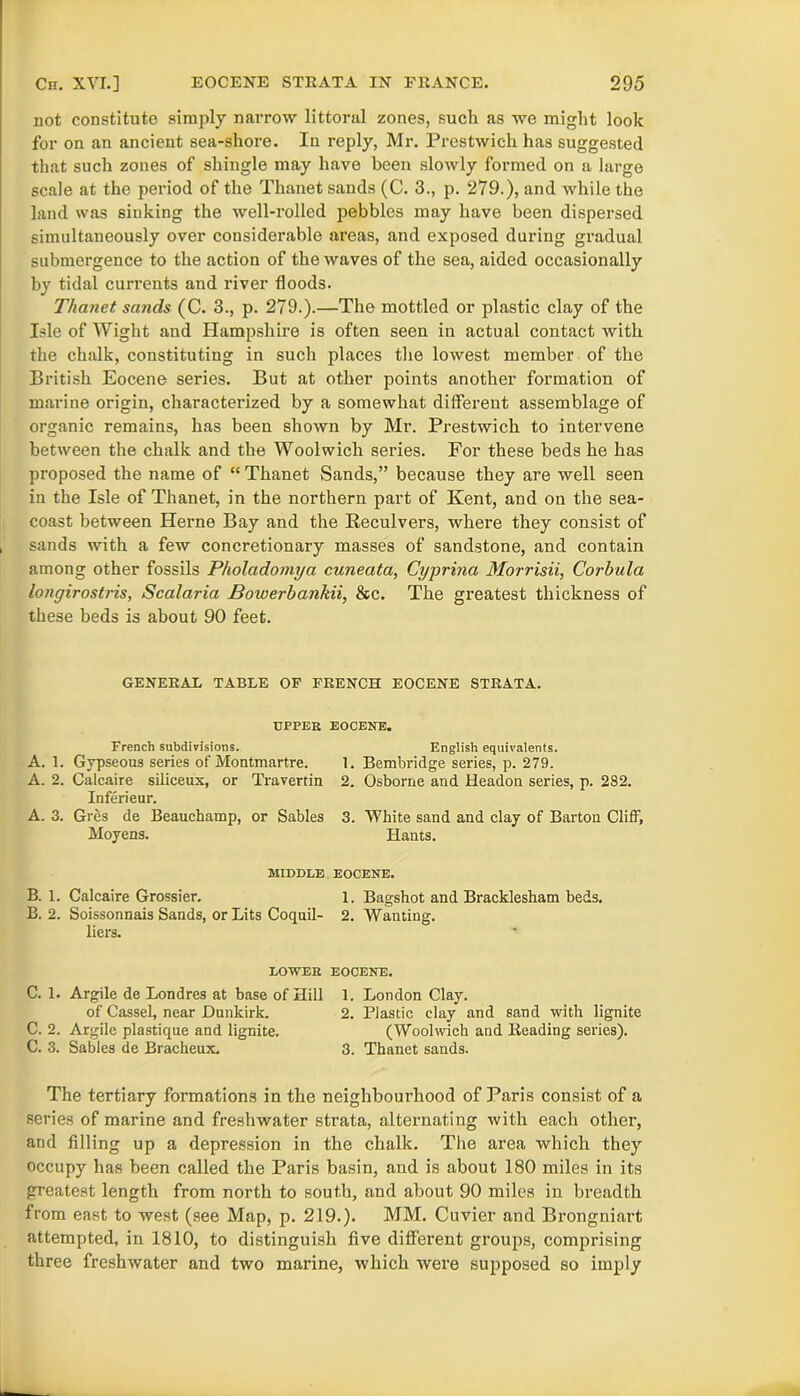 not constitute simply narrow littoral zones, such as we might look for on an ancient sea-shore. In reply, Mr. Prestwich has suggested that such zones of shingle may have been slowly formed on a large scale at the period of the Thanet sands (C. 3., p. 279.), and while the land was sinking the well-rolled pebbles may have been dispersed simultaneously over considerable areas, and exposed during gradual submergence to the action of the waves of the sea, aided occasionally by tidal currents and river floods. Thanet sands (C. 3., p. 279.).—The mottled or plastic clay of the Isle of Wight and Hampshire is often seen in actual contact with the chalk, constituting in such places the lowest member of the British Eocene series. But at other points another formation of marine origin, characterized by a somewhat different assemblage of organic remains, has been shown by Mr. Prestwich to intervene between the chalk and the Woolwich series. For these beds he has proposed the name of “ Thanet Sands,” because they are well seen in the Isle of Thanet, in the northern part of Kent, and on the sea- coast between Herne Bay and the Reculvers, where they consist of i sands with a few concretionary masses of sandstone, and contain among other fossils Pholadomya cuneata, Cyprina Morrisii, Corbula longirostris, Scalaria Bowerbankii, &c. The greatest thickness of these beds is about 90 feet. GENERAL TABLE OF FRENCH EOCENE STRATA. UPPER EOCENE. French subdivisions. English equivalents. A. 1. Gypseous series of Montmartre. 1. Bembridge series, p. 279. A. 2. Calcaire siliceux, or Travertin 2. Osborne and Headon series, p. 282. Inferieur. A. 3. Gres de Beauchamp, or Sables 3. White sand and clay of Barton Cliff, Moyens. Hants. MIDDLE EOCENE. B. 1. Calcaire Grossier. I. Bagshot and Bracklesham beds. B. 2. Soissonnais Sands, or Bits Coquil- 2. Wanting. liers. LOWER EOCENE. C. 1. Argile de Londres at base of Hill I. London Clay. of Cassel, near Dunkirk. 2. Plastic clay and sand with lignite C. 2. Argile plastique and lignite. (Woolwich and Reading series). C. 3. Sables de Bracheux. 3. Thanet sands. The tertiary formations in the neighbourhood of Paris consist of a series of marine and freshwater strata, alternating with each other, and filling up a depression in the chalk. The area which they occupy has been called the Paris basin, and is about 180 miles in its greatest length from north to south, and about 90 miles in breadth from east to west (see Map, p. 219.). MM. Cuvier and Brongniart attempted, in 1810, to distinguish five different groups, comprising three freshwater and two marine, which were supposed so imply