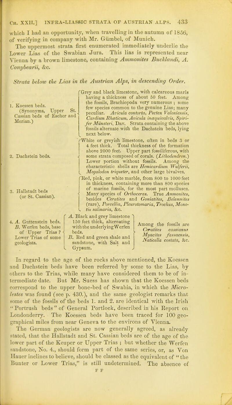 which I had an opportunity, when travelling in the autumn of 1856, of verifying in company with Mr. Giimbel, of Munich. The uppermost strata first enumerated immediately underlie the Lower Lias of the Swabian Jura. This lias is represented near Vienna by a brown limestone, containing Ammonites Bucklandi, A. Conybearii, &c. Strata below the Lias in the Austrian Alps, in descending Order. 1. Koessen beds. (Synonyms, Upper St. Cassian beds of Escher and Merian.) Grey and black limestone, with calcareous marls having a thickness of about 50 feet. Among the fossils, Brachiopoda very numerous ; some few species common to the genuine Lias; many peculiar. Avicula contorta, Pecten Valoniensis, Cardium Rhceticum, Avicula incequivalvis, Spiri- fer Miinsteri, Dav. Strata containing the above fossils alternate with the Dachstein beds, lying next below. 2. Dachstein beds. 3. Hallstadt beds (or St. Cassian). 'White or greyish limestone, often in beds 3 or 4 feet thick. Total thickness of the formation above 2000 feet. Upper part fossiliferous, with some strata composed of corals. (Lithodendron.) Lower portion without fossils. Among the characteristic shells are Hemicardium Wulferii, Megalodon triqueter, and other large bivalves. 'Red, pink, or white marble, from 800 to 1000 feet in thickness, containing more than 800 species of marine fossils, for the most part mollusca. Many species of Orthoceras. True Ammonites, besides Ceratites and Goniatites, Belemnites (rare), Porcellia, Pleurotomaria, Trochus, Mono- , tis salinaria, &c. 4. A. Guttenstein beds. B. Werfen beds, base of Upper Trias ? ■ Lower Trias of some geologists. A. Black and grey limestone 150 feet thick, alternating with the underlyingWerfen beds. B. Red and green shale and sandstone, with Salt and Gypsum. Among the fossils are Ceratites cassianus Myacites Jassaensis, Naticella costata, &c. In regard to the age of the rocks above mentioned, the Koessen and Dachstein beds have been referred by some to the Lias, by others to the Trias, while many have considered them to be of in- termediate date. But Mr. Suess has shown that the Koessen beds correspond to the upper bone-bed of Swabia, in which the Micro- lestes was found (see p. 430.), and the same geologist remarks that some of the fossils of the beds 1. and 2. are identical with the Irish Portrush beds ” of General Portlock, described in his Report on Londonderry. The Koessen beds have been traced for 100 geo- graphical miles from near Geneva to the environs of Vienna. The German geologists are now generally agreed, as already stated, that the Hallstadt and St. Cassian beds are of the age of the lower part of the Keuper or Upper Trias ; but whether the Werfen sandstone, No. 4., should form part of the same series, or, as Von Hauer inclines to believe, should be classed as the equivalent of “ the Bunter or Lower Trias,” is still undetermined. The absence of F F