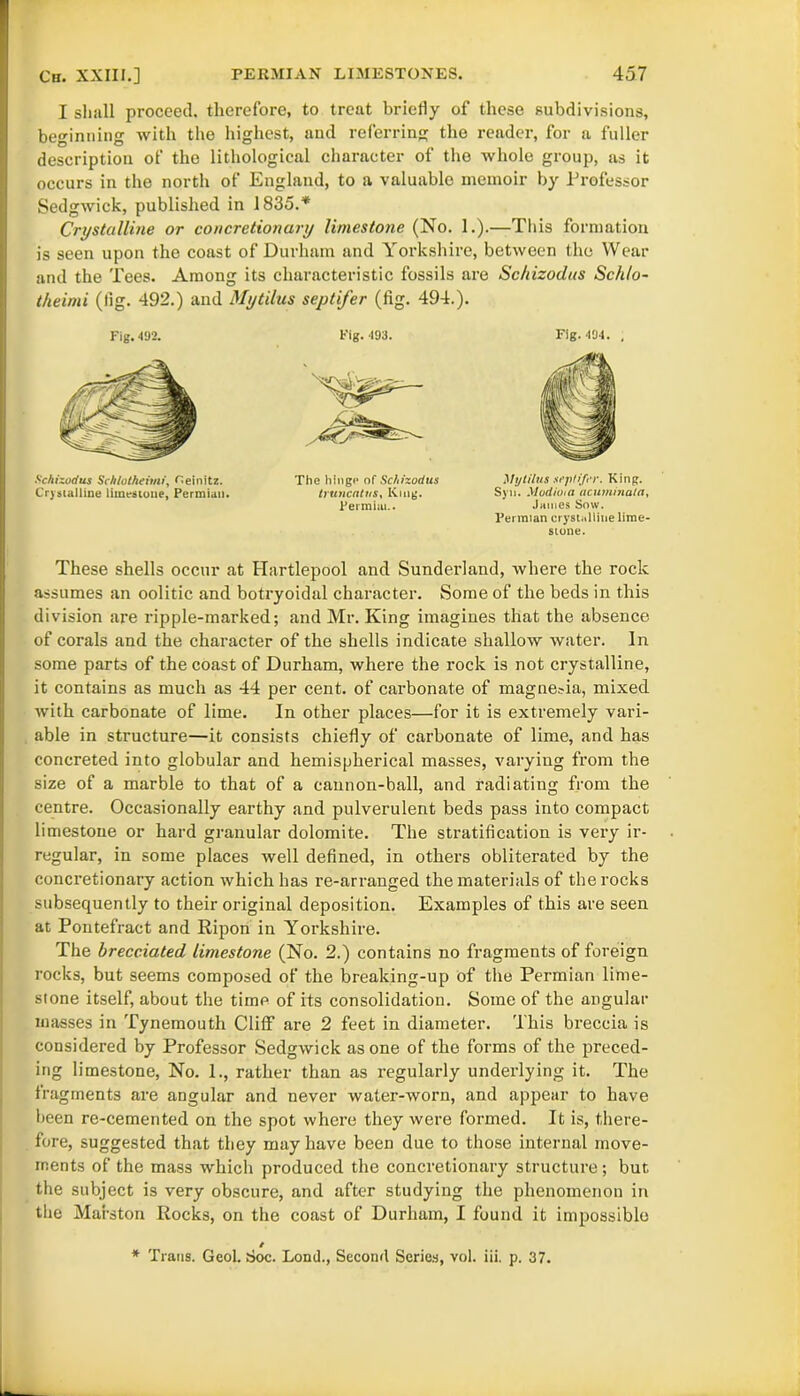 I shall proceed, therefore, to treat briefly of these subdivisions, beginning with the highest, and referring the render, for a fuller description of the lithological character of the whole group, as it occurs in the north of England, to a valuable memoir by Professor Sedgwick, published in 1835.* Crystalline or concretionary limestone (No. 1.).—This formation is seen upon the coast of Durham and Yorkshire, between the Wear and the Tees. Among its characteristic fossils are Sc/iizodus Schlo- theimi (fig. 492.) and Mytilus septifer (fig. 494.). Fig. 492. Schizodus Schlotheimi, ^einitz. Crystalline limestone, Permian. Fig. 493. Fig. 404. t The hinge of Schizodus tr uncat us, King. Permian. Mytilus septifer. King. Syn. Modiuia acuminata, James Sow. Permian crystalline lime- stone. These shells occur at Hartlepool and Sunderland, where the rock assumes an oolitic and botryoidal character. Some of the beds in this division are ripple-marked; and Mr. King imagines that the absence of corals and the character of the shells indicate shallow water. In some parts of the coast of Durham, where the rock is not crystalline, it contains as much as 44 per cent, of carbonate of magnesia, mixed with carbonate of lime. In other places—for it is extremely vari- able in structure—it consists chiefly of carbonate of lime, and has concreted into globular and hemispherical masses, varying from the size of a marble to that of a cannon-ball, and radiating from the centre. Occasionally earthy and pulverulent beds pass into compact limestone or hard granular dolomite. The stratification is very ir- regular, in some places well defined, in others obliterated by the concretionary action which has re-arranged the materials of the rocks subsequently to their original deposition. Examples of this are seen at Pontefract and Ripon in Yorkshire. The brecciated limestone (No. 2.) contains no fragments of foreign rocks, but seems composed of the breaking-up of the Permian lime- stone itself, about the time of its consolidation. Some of the angular masses in Tynemouth Cliff are 2 feet in diameter. This breccia is considered by Professor Sedgwick as one of the forms of the preced- ing limestone, No. 1., rather than as regularly underlying it. The fragments are angular and never water-worn, and appear to have been re-cemented on the spot where they were formed. It is, there- fore, suggested that they may have been due to those internal move- ments of the mass which produced the concretionary structure; but the subject is very obscure, and after studying the phenomenon in the Mafston Rocks, on the coast of Durham, I found it impossible * Trans. Geol. Soc. Lond., Second Series, vol. iii. p. 37.