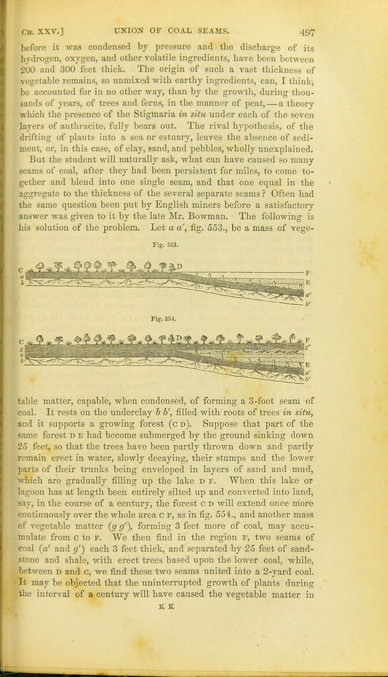 before it was condensed by pressure and the discharge of its hydrogen, oxygen, and other volatile ingredients, have been between 200 and 300 feet thick. The origin of such a vast thickness of vegetable remains, so unmixed with earthy ingredients, can, I think, be accounted for in no other way, than by the growth, during thou- sands of years, of trees and ferns, in the manner of peat, — a theory which the presence of the Stigmaria in situ under each of the seven layers of anthracite, fully bears out. The rival hypothesis, of the drifting of plants into a sea or estuary, leaves the absence of sedi- ment, or, in this case, of clay, sand, and pebbles, wholly unexplained. But the student will naturally ask, what can have caused so many seams of coal, after they had been persistent for miles, to come to- gether and blend into one single seam, and that one equal in the aggregate to the thickness of the several separate seams ? Often had the same question been put by English miners before a satisfactory answer was given to it by the late Mr. Bowman. The following is his solution of the problem. Let a a', fig. 553., be a mass of vege- Fig. 553. table matter, capable, when condensed, of forming a 3-foot seam of coal. It rests on the underclay b b', filled with roots of trees in situ, and it supports a growing forest (c r»). Suppose that part of the same forest r> e had become submerged by the ground sinking down 25 feet, so that the trees have been partly thrown down and partly remain erect in water, slowly decaying, their stumps and the lower parts of their trunks being enveloped in layers of sand and mud, which are gradually filling up the lake d f. When this lake or lagoon has at length been entirely silted up and converted into land, say, in the course of a century, the forest c d will extend once more continuously over the whole area c f, as in fig. 554., and another mass of vegetable matter (gg'), forming 3 feet more of coal, may accu- mulate from c to F. We then find in the region f, two seams of coal (a' and cj) each 3 feet thick, and separated by 25 feet of sand- stone and shale, with erect trees based upon the lower coal, while, between d and c, we find these two seams united into a 2-yard coal. It may be objected that the uninterrupted growth of plants during the interval of a century will have caused the vegetable matter in