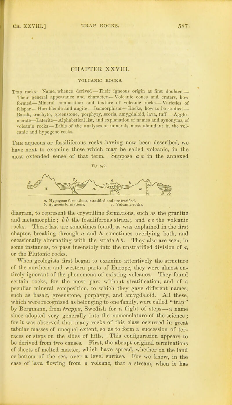 CHAPTER XXVin. VOLCANIC ROCKS. Trap rocks—Name, whence derived—Their igneous origin at first doubted— Their general appearance and character — Volcanic cones and craters, how formed—Mineral composition and texture of volcanic rocks — Varieties of felspar — Hornblende and augite—Isomorphism — Rocks, how to be studied— Basalt, trachyte, greenstone, porphyry, scoria, amygdaloid, lava, tuff—Agglo- merate—Lateritc—Alphabetical list, and explanation of names and synonyms, of volcanic rocks — Table of the analyses of minerals most abundant in the vol- canic and hypogene rocks. The aqueous or fossiliferous rocks having now been described, we have next to examine those which may be called volcanic, in the most extended sense of that term. Suppose a a in the annexed Fig. 672. diagram, to represent the crystalline formations, such as the granitic and metamorphic ; b b the fossiliferous strata ; and c c the volcanic rocks. These last are sometimes found, as was explained in the first chapter, breaking through a and b, sometimes overlying both, and occasionally alternating with the strata b b. They also are seen, in some instances, to pass insensibly into the unstratified division of a, or the Plutonic rocks. When geologists first began to examine attentively the structure of the northern and western parts of Europe, they were almost en- tirely ignorant of the phenomena of existing volcanos. They found certain rocks, for the most part without stratification, and of a peculiar mineral composition, to which they gave different names, such as basalt, greenstone, porphyry, and amygdaloid. All these, which were recognized as belonging to one family, were called “ trap ” by Bergmann, from trappa, Swedish for a flight of steps — a name since adopted very generally into the nomenclature of the science ; for it was observed that many rocks of this class occurred in great tabular masses of unequal extent, so as to form a succession of ter- races or steps on the sides of hills. This configuration appears to be derived from two causes. First, the abrupt original terminations of sheets of melted matter, which have spread, whether on the land or bottom of the sea, over a level surface. For we know, in the case of lava flowing from a volcano, that a stream, when it has