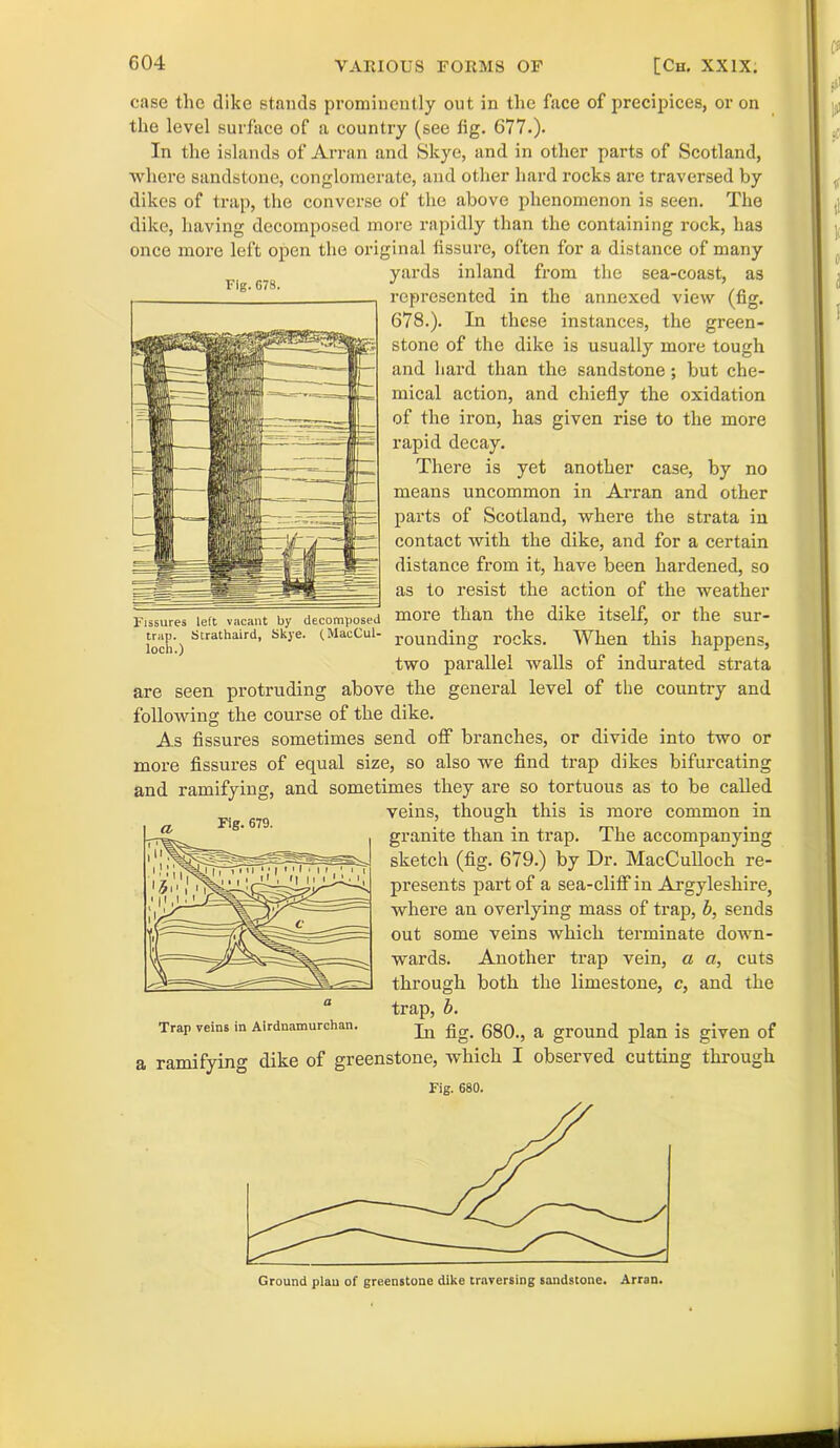 Fig. G78. case the dike stands prominently out in the face of precipices, or on the level surface of a country (see tig. 677.). In the islands of Arran and Skye, and in other parts of Scotland, where sandstone, conglomerate, and other hard rocks are traversed by dikes of trap, the converse of the above phenomenon is seen. The dike, having decomposed more rapidly than the containing rock, has once more left open the original fissure, often for a distance of many yards inland from the sea-coast, as represented in the annexed view (fig. 678.). In these instances, the green- stone of the dike is usually more tough and hard than the sandstone; but che- mical action, and chiefly the oxidation of the iron, has given rise to the more rapid decay. There is yet another case, by no means uncommon in Arran and other parts of Scotland, where the strata in contact with the dike, and for a certain distance from it, have been hardened, so as to resist the action of the weather more than the dike itself, or the sur- Wken this happens, two parallel walls of indurated strata are seen protruding above the general level of the country and following the course of the dike. As fissures sometimes send off branches, or divide into two or more fissures of equal size, so also we find trap dikes bifurcating and ramifying, and sometimes they are so tortuous as to be called veins, though this is more common in granite than in trap. The accompanying sketch (fig. 679.) by Dr. MacCulloch re- presents part of a sea-cliff in Argyleshire, where an overlying mass of trap, b, sends out some veins which terminate down- wards. Another trap vein, a a, cuts through both the limestone, c, and the trap, b. In fig. 680., a ground plan is given of Fissures left vacant by decomposed trap. Strathaird, Skye. (MacCul- popmfiifto* rocks, loch.) ” Trap veins in Airdnamurchan. —o' — a ramifying dike of greenstone, which I Fig. 680. observed cutting through Ground plan of greenstone dike traversing sandstone. Arran.