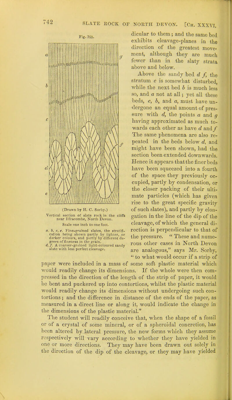 ’42 SLATE ROCK OF NORTH DEVON. [Cn. XXXVI. dicular to them ; and the same bed exhibits cleavage-planes in the direction of the greatest move* ment, although they are much fewer than in the slaty strata above and below. Above the sandy bed d /, the stratum c is somewhat disturbed, while the next bed b is much less so, and a not at all; yet all these beds, c, by and a, must have un- dergone an equal amount of pres- sure with d, the points a and g having approximated as much to- wards each other as have d and/ The same phenomena are also re- peated in the beds below d, and might have been shown, had the section been extended downwards. Hence it appears that the finer beds have been squeezed into a fourth of the space they previously oc- cupied, partly by condensation, or the closer packing of their ulti- mate particles (which has given rise to the great specific gravity of such slates), and partly by elon- gation in the line of the dip of the cleavage, of which the general di- rection is perpendicular to that of the pressure. “ These and nume- rous other cases in North Devon are analogous,” says Mr. Sorby, “ to what would occur if a strip of paper were included in a mass of some soft plastic material which would readily change its dimensions. If the whole were then com- pressed in the direction of the length of the strip of paper, it would be bent and puckered up into contortions, whilst the plastic material would readily change its dimensions without undergoing such con- tortions ; and the difference in distance of the ends of the paper, as measured in a direct line or along it, would indicate the change in the dimensions of the plastic material.” The student will readily conceive that, when the shape of a fossil or of a crystal of some mineral, or of a spheroidal concretion, has been altered by lateral pressure, the new forms which they assume respectively will vary according to whether they have yielded in one or more directions. They may have been drawn out solely in the direction of the dip of the cleavage, or they may have yielded (Drawn by H. C. Sorby.) Vertical section of slate rock in the cliffs near Ilfracombe, North Devon. Scale one inch to one foot. a, b, e, e. Fine-grained slates, the stratifi- cation being shown partly by lighter, or darker colours, and partly by different de- grees of fineness in the grain. <1, f. A coarser-grained light-coloured sandy slate with less perfect cleavage.