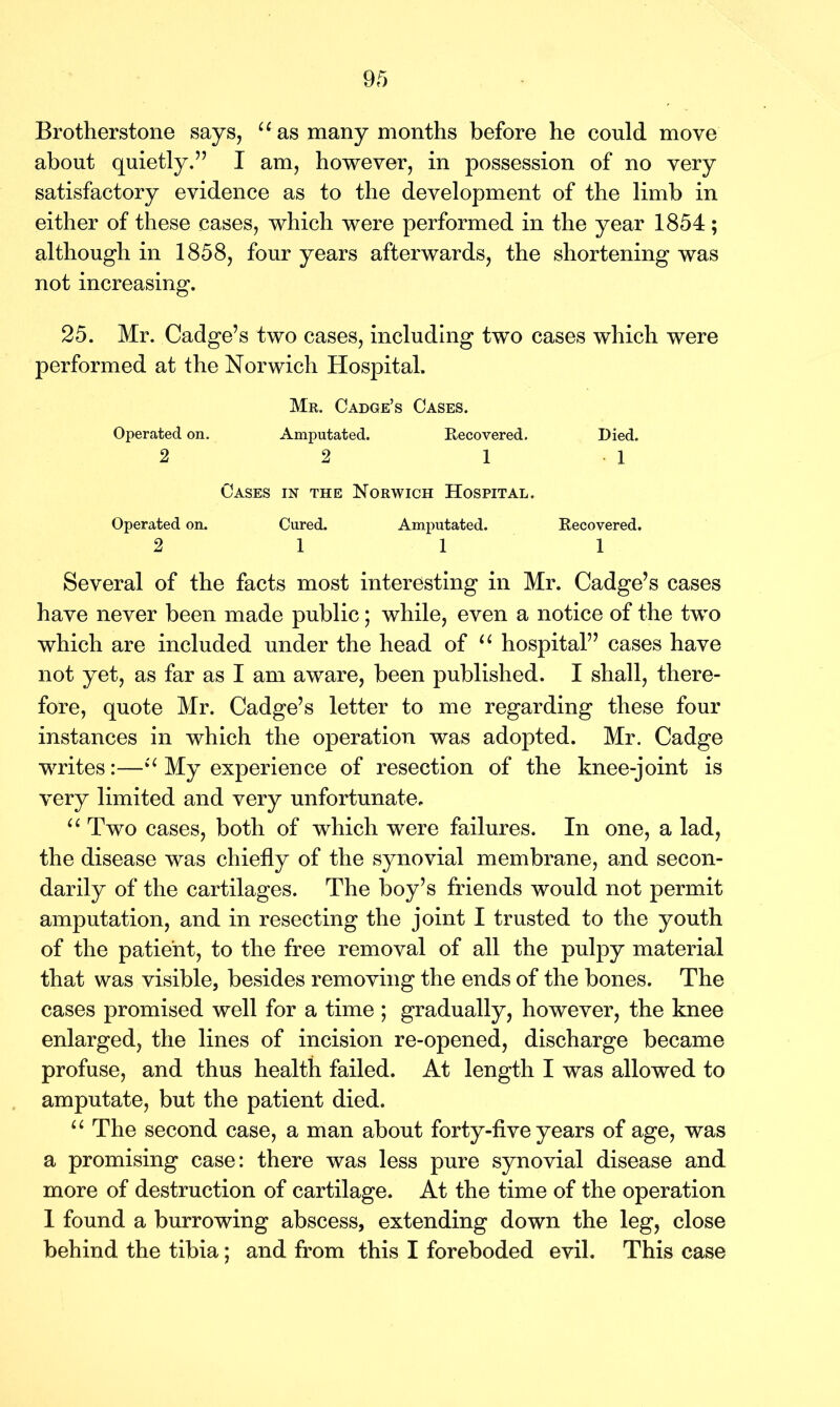 Brotherstone says, u as many months before he could move about quietly.” I am, however, in possession of no very satisfactory evidence as to the development of the limb in either of these cases, which were performed in the year 1854; although in 1858, four years afterwards, the shortening was not increasing. 25. Mr. Cadge’s two cases, including two cases which were performed at the Norwich Hospital. Mr. Cadge’s Cases. Operated on. Amputated. Recovered. Died. 2 2 11 Cases in the Norwich Hospital. Operated on. Cured. Amputated. Recovered. 2 1 1 1 Several of the facts most interesting in Mr. Cadge’s cases have never been made public; while, even a notice of the two which are included under the head of u hospital” cases have not yet, as far as I am aware, been published. I shall, there- fore, quote Mr. Cadge’s letter to me regarding these four instances in which the operation was adopted. Mr. Cadge writes:—i( My experience of resection of the knee-joint is very limited and very unfortunate,. u Two cases, both of which were failures. In one, a lad, the disease was chiefly of the synovial membrane, and secon- darily of the cartilages. The boy’s friends would not permit amputation, and in resecting the joint I trusted to the youth of the patient, to the free removal of all the pulpy material that was visible, besides removing the ends of the bones. The cases promised well for a time ; gradually, however, the knee enlarged, the lines of incision re-opened, discharge became profuse, and thus health failed. At length I was allowed to amputate, but the patient died. “ The second case, a man about forty-five years of age, was a promising case: there was less pure synovial disease and more of destruction of cartilage. At the time of the operation 1 found a burrowing abscess, extending down the leg, close behind the tibia; and from this I foreboded evil. This case