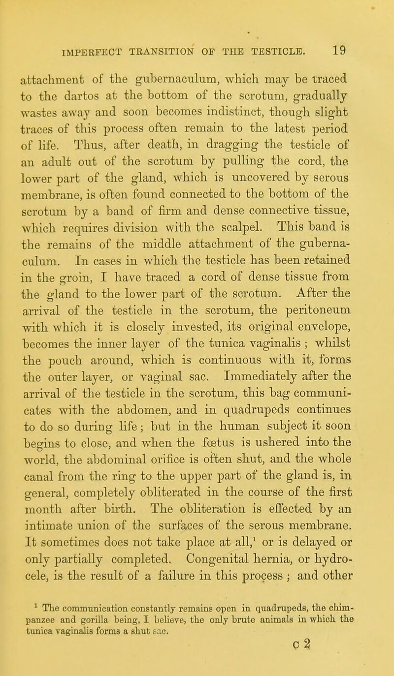 attachment of the guhernaculura, which may be traced to the dartos at the bottom of the scrotum, gradually wastes away and soon becomes indistinct, though slight traces of this process often remain to the latest period of life. Thus, after death, in dragging the testicle of an adult out of the scrotum by pulling the cord, the lower part of the gland, which is uncovered by serous membrane, is often found connected to the bottom of the scrotum by a band of firm and dense connective tissue, which requires division with the scalpel. This band is the remains of the middle attachment of the guberna- culum. In cases in which the testicle has been retained in the groin, I have traced a cord of dense tissue from the gland to the lower part of the scrotum. After the arrival of the testicle in the scrotum, the peritoneum with which it is closely invested, its original envelope, becomes the inner layer of the tunica vaginalis ; whilst the pouch around, which is continuous with it, forms the outer layer, or vaginal sac. Immediately after the arrival of the testicle in the scrotum, this bag communi- cates with the abdomen, and in quadrupeds continues to do so during life; but in the human subject it soon begins to close, and when the foetus is ushered into the world, the abdominal orifice is often shut, and the whole canal from the ring to the upper part of the gland is, in general, completely obliterated in the course of the first month after birth. The obliteration is effected by an intimate union of the surfaces of the serous membrane. It sometimes does not take place at all,* or is delayed or only partially completed. Congenital hernia, or hydro- cele, is the result of a failure in this process ; and other ^ TTie communication constantly remains open in quadrupeds, the cliim- panzee and gorilla being, I believe, the only brute animals in which the tunica vaginalis forms a shut sac. c 2