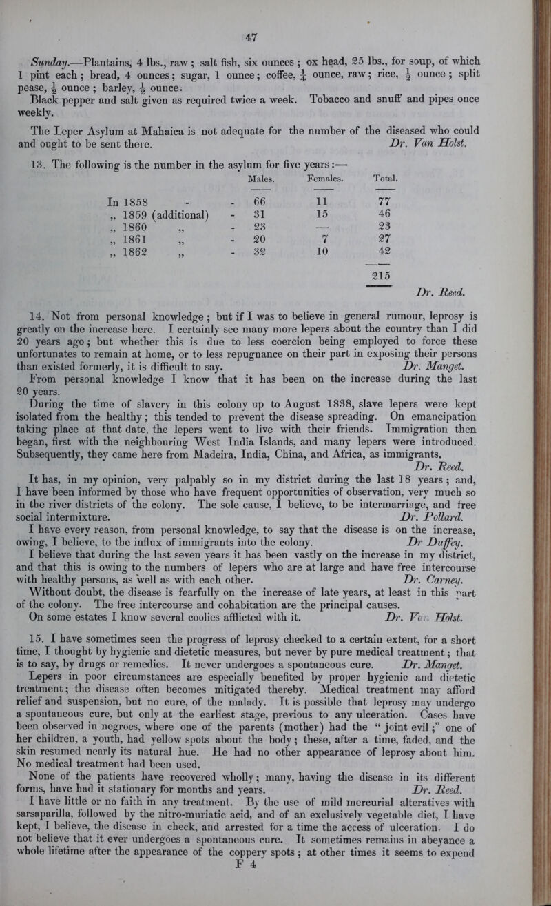 Sunday.—Plantains, 4 lbs., raw ; salt fish, six ounces ; ox head, 25 lbs., for soup, of which 1 pint each; bread, 4 ounces; sugar, 1 ounce; coffee, ^ ounce, raw; rice, ^ ounce ; split pease, ^ ounce ; barley, ounce. Black pepper and salt given as required twice a week. Tobacco and snuff and pipes once weekly. The Leper Asylum at Mahaica is not adequate for the number of the diseased who could and ought to be sent there. Dr. Van Soht. 13. The following is the number in the asylum for five years:— Males. Females. Total. In 1858 - 66 11 77 „ 1859 (additional) 31 15 46 „ 1860 23 — 23 „ 1861 20 7 27 „ 1862 32 10 42 215 Dr. Reed. 14. Not fi-om personal knowledge ; but if I was to believe in general rumour, leprosy is greatly on the increase here. I certainly see many more lepers about the country than I did 20 years ago; but whether this is due to less coercion being employed to force these unfortunates to remain at home, or to less repugnance on their part in exposing their persons than existed formerly, it is difl&cult to say. Dr. Manget. From personal knowledge I know that it has been on the increase during the last 20 years. During the time of slavery in this colony up to August 1838, slave lepers were kept isolated from the healthy; this tended to prevent the disease spreading. On emancipation taking place at that date, the lepers went to live with their friends. Immigration then began, first with the neighbouring West India Islands, and many lepers were introduced. Subsequently, they came here from Madeira, India, China, and Africa, as immigrants. Dr. Reed. It has, in my opinion, very palpably so in my district during the last 18 years ; and, I have been informed by those who have frequent opportunities of observation, very much so in the river districts of the colony. The sole cause, I believe, to be intermarriage, and free social intermixture. Dr. Pollard. I have every reason, from personal knowledge, to say that the disease is on the increase, owing, I believe, to the influx of immigrants into the colony. Dr Duffey. I believe that during the last seven years it has been vastly on the increase in my district, and that this is owing to the numbers of lepers who are at large and have free intercourse with healthy persons, as well as with each other. Dr. Carney. Without doubt, the disease is fearfully on the increase of late years, at least in this part of the colony. The free intercourse and cohabitation are the principal causes. On some estates I know several coolies afflicted with it. Dr. Van HoUt. 15. I have sometimes seen the progress of leprosy checked to a certain extent, for a short time, I thought by hygienic and dietetic measures, but never by pure medical treatment; that is to say, by drugs or remedies. It never undergoes a spontaneous cure. Dr. Manget. Lepers in poor circumstances are especially benefited by proper hygienic and dietetic treatment; the disease often becomes mitigated thereby. Medical treatment may afford relief and suspension, but no cure, of the malady. It is possible that leprosy may undergo a spontaneous cure, but only at the earliest stage, previous to any ulceration. Cases have been observed in negroes, where one of the parents (mother) had the “ joint evilone of her children, a youth, had yellow spots about the body; these, after a time, faded, and the skin resumed nearly its natural hue. He had no other appearance of leprosy about him. No medical treatment had been used. None of the patients have recovered wholly; many, having the disease in its different forms, have had it stationary for months and years. Dr. Reed. I have little or no faith in any treatment. By the use of mild mercurial alteratives with sarsaparilla, followed by the nitro-muriatic acid, and of an exclusively vegetable diet, I have kept, I believe, the disease in check, and arrested for a time the access of ulceration. I do not believe that it ever undergoes a spontaneous cure. It sometimes remains in abeyance a whole lifetime after the appearance of the coppery spots ; at other times it seems to expend F 4