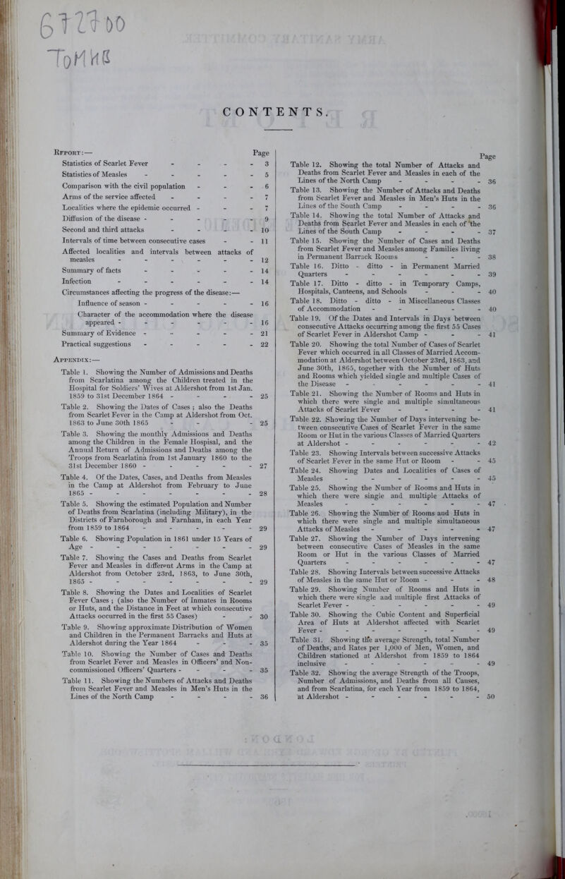 ToM'rtS CONTENTS. Effort : — Page Statistics of Scarlet Fever - - - - 3 Statistics of Measles - - - - - 5 Comparison with the civil population - - - 6 Arms of the service affected - - - - 7 Localities where the epidemic occurred - - - 7 Diffusion of the disease - - - - - 9 Second and third attacks - - - - 10 Intervals of time between consecutive cases - - 11 Affected localities and intervals between attacks of measles - - - - - - 12 Summary of facts - - - - - 14 Infection - - - - - - 14 Circumstances affecting the progress of the disease:— Influence of season - - - - - 16 Character of the accommodation where the disease appeared - - - - - -16 Summary of Evidence - •• - - - 21 Practical suggestions - - - - - 22 Appendix:— Table 1. Showing the Number of Admissions and Deaths from Scarlatina among the Children treated in the Hospital for Soldiers’ Wives at Aldershot from 1st Jan. 1859 to 31st December 1864 - - - - 25 Table 2. Showing the Dates of Cases ; also the Deaths from Scarlet Fever in the Camp at Aldershot from Oct. 1863 to June 30th 1865 - - - 25 Table 3. Showing the monthly Admissions and Deaths among the Children in the Female Hospisal, and the Annual Keturn of Admissions and Deaths among the Troops from Scarlatina from 1st January 1860 to the 31st December 1860 - - - - - 27 Table 4. Of the Dates, Cases, and Deaths from Measles in the Camp at Aldershot from February to June 1865 - - - - - - - 28 Table 5. Showing the estimated Population and Number of Deaths from Scarlatina (including Military), in the Districts of Farnborough and Farnham, in each Year from 1859 to 1864 - - - - - 29 Table 6. Showing Population in 1861 under 15 Years of Age - - - - - - - 29 Table 7. Showing the Cases and Deaths from Scarlet Fever and Measles in different Arms in the Camp at Aldershot from October 23rd, 1863, to June 30th, 1865 - - - - - - - 29 Table 8. Showing the Dates and Localities of Scarlet Fe^'er Cases ; (also the Number of Inmates in Rooms or Huts, and the Distance in Feet at which consecutive Attacks occurred in the first 55 Cases) - - 30 Table 9. Showing approximate Distribution of Women and Children in the Permanent Barracks and Huts at Aldershot during the Year 1864 - - - 35 Table 10. Showing the Number of Cases and Deaths from Scarlet Fever and Measles in Officers’ and Non- commissioned Officers’ Quarters - - - - 35 Table 11. Showing the Numbers of Attacks and Deaths from Scarlet Fever and Measles in Men’s Huts in the Lines of the North Camp - - - - 36 Page Table 12. Showing the total Number of Attacks and Deaths from Scarlet Fever and Measles in each of the Lines of the North Camp - - - - 36 Table 13. Showing the Number of Attacks and Deaths from Scarlet Fever and Measles in Men’s Huts in the Lines of the South Camp - - - - 36 Table 14. Showing the total Number of Attacks and Deaths from Scarlet Fever and Measles in each of *the Lines of the South Camp - - - - 37 Table 15. Showing the Number of Cases and Deaths from Scarlet Fever and Measles among Families living in Permanent Barrack Rooms - - - 38 Table 16. Ditto - ditto - in Permanent Married Quarters - - - - - - 39 Table 17. Ditto - ditto - in Temporary Camps, Hospitals, Canteens, and Schools - - - 40 Table 18. Ditto - ditto - in Miscellaneous Classes of Accommodation - - - - - 40 Table 19. Of the Dates and Intervals in Days between consecutive Attacks occurring among the first 55 Cases of Scarlet Fever in Aldershot Camp - - - 41 Table 20. Showing the total Number of Cases of Scarlet Fever which occurred in all Classes of Married Accom- modation at Aldershot between October 23rd, 1863, and June 30th, 1865, together with the Number of Huts and Rooms which yielded single and multiple Cases of the Disease - - - - - - 41 Table 21. Showing the Number of Rooms and Huts in which there were single and multiple simultaneous Attacks of Scarlet Fever - - - - 41 Table 22. Showing the Number of Days intervening be- tween consecutive C:ises of Scarlet Fever in the same Room or Hut in the various Classes of Married Quarters at Aldershot - - - - - -42 Table 23. Showing Intervals between successive Attacks of Scarlet Fever in the same Hut or Room - - 45 Table 24. Showing Dates and Localities of Cases of Measles - - - - - - 45 Table 25. Showing the Number of Rooms and Huts in which there were single and multiple Attacks of Measles - - - - - - 47 Table 26. Showing the Number of Rooms and Huts in which there were single and multiple simultaneous Attacks of Measles - - - - - 47 Table 27. Showing the Number of Days intervening between consecutive Cases of Measles in the same Room or Hut in the various Classes of Married Quarters - - - - - - 47 Table 28. Showing Intervals between successive Attacks of Measles in the same Hut or Room - - - 48 Table 29. Showing Number of Rooms and Huts in which there were single and multiple first Attacks of Scarlet Fever - - - - - - 49 Table 30. Showing the Cubic Content and Superficial Area of Huts at Aldershot affected with Scarlet F’ever - - - - - - -49 Table 31. Showing tlfe average Strength, total Number of Deaths, and Rates per 1,000 of Men, Women, and Children stationed at Aldershot from 1859 to 1864 inclusive - - - - - - 49 Table 32. Showing the average Strength of the Troops, Number of Admissions, and Deaths from all Causes, and from Scarlatina, for each Year from 1859 to 1864, at Aldershot - - - - - - 50