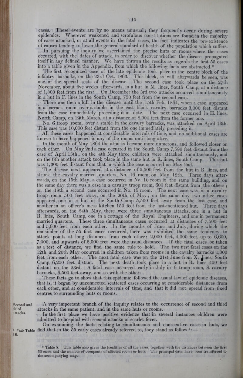 F>econd and third ittacks. * Vide Table 19. cases. These events are by no means unusual; they frequently occur during severe epidemics. Wherever weakened and scrofulous constitutions are found in the majority of cases attacked, or at all events in the fatal cases, the fact indicates the pre-existence of causes tending to lower the general standard of health of the population which suffers. In pursuing the inquiry we ascertained the precise huts or rooms where the cases occurred, with the dates of attack, in order to discover wdiether the disease propagated itself in any defined manner. We have thrown the results as regards the first 55 cases into a table given in the Appendix, from which the following facts are abstracted.* The first recognized case of the late epidemic took place in the centre block of the infantry barracks, on the 23rd Oct. 1863. This block, as will afterwards be seen, was one of the special seats of the disease. The second case took place on the 27th November, about five weeks afterwards, in a hut in M. lines. South Camp, at a distance of 1,800 feet from the first. On December the 3rd two attacks occurred simultaneously in a hut in F. lines in the South Camp, 750 feet from the second case. There was then a lull in the disease until the 15th Feb. 1864, when a case appeared in a barrack room over a stable in the east block cavalry barracks 3,000 feet distant from the case immediately preceding it in date. The next case occurred in H. lines. North Camp, on IQth March, at a distance of 8,000 feet from the former one. No. 6 troop room, over a stable in the cavalry barracks, was attacked on April 13th. This case was 10,000 feet distant from the one immediately preceding it. All these cases happened at considerable intervals of time, and no additional cases are known to have happened in any of the rooms until long after. In the month of May 1864 the attacks became more numerous, and followed closer on each other. On May 2nd a case occurred in the South Camp 7,580 feet distant from the case of April 13th; on the 4th May three children were attacked simultaneously, and on the 6th another attack took place in the same hut in R. lines. South Camp. This hut w’as 1,300 feet distant from that in which the case occurred on May 2nd. The disease next appeared at a distance of 5,500 feet from the hut in R. lines, and struck the cavalry married quarters. No. 16 room, on May 12th. Three days after- wards, on the 15th May, a case occurred in No. 10 room in the same building, and on the same day there was a case in a cavalry troop room, 600 feet distant from the others ; on the 18th a second case occurred in No. l6 room. The next case was in a cavalry troop room 500 feet away, on the 20th of May; on the same day two other cases appeared, one in a hut in the South Camp 5,500 feet away from the last case, and another in an officer’s mess kitchen 150 feet from the last-mentioned hut. Three days afterwards, on the 24th May, there were three simultaneous attacks, one in a hut in R. lines. South Camp, one in a cottage of the Royal Engineers, and one in permanent married quarters. These three simultaneous cases occurred at distances of 7,500 feet and 5,600 feet from each other. In the months of June and July, during which the remainder of the 55 first cases occurred, there was exhibited the same tendency to attack points at long distances from each other; 2,000 feet, 4,000 feet, up to 6,600, 7,000, and upwards of 8,000 feet were the usual distances. If the fatal cases be taken as a test of distance, we find the same rule to hold. The two first fatal cases on the 12th and 20th May occurred in children taken from rooms in the cavalry barracks 1,000 feet from each other. The next fatal case was on the 21st June from X. ^ines. South Camp, 6,250 feet distant. The next death took place in a hut in R. lines 450 feet distant on the 23rd. A fatal case occurred early in -July in 6 troop room, S. cavalry barracks, 6,500 feet away, and so with the others. These facts go to show that this epidemic followed the usual law of epidemic diseases, that is, it began by unconnected scattered cases occurring at considerable distances from each other, and at considerable intervals of time, and that it did not spread from fixed centres to surrounding huts or rooms. A very important branch of the inquiry relates to the occurrence of second and third attacks in the same patient, and in the same huts or rooms. In the first place we have positive evidence that in several instances children were admitted to hospital with second attacks of scarlet fever. On examining the facts relating to simultaneous and consecutive cases in huts, we find that in the 55 early cases already referred to, they stand as follow ^:— * Table 8. This table also gives the localities of all the cases, together with the distances between the first 55 cases and the number of occupants of afiected rooms or huts. The principal data have l)een transferred to the accompanying map.