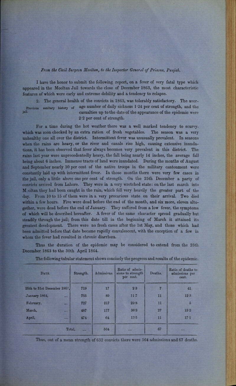 I have the honor to submit the following report, on a fever of very fatal type which appeared in the Mooltan Jail towards the close of December 1863, the most characteristic features of which were early and extreme debility and a tendency to relapse. 2. The general health of the convicts in 1863, was tolerably satisfactory. The aver- Prcvious sanitary history of age number of daily sickness 1’24 per Cent of Strength, and the casualties up to the date of the appearance of the epidemic were 2-2 per cent of strength. For a time during the hot weather there was a well marked tendency to scurvy, which was soon checked by an extra ration of fresh vegetables. The season was a very unhealthy one all over the district. Intermittent fever was unusually prevalent. In seasons when the rains are heavy, or the river and canals rise high, causing extensive inunda- tions, it has been observed that fever always becomes very prevalent in this district. The rains last year were unprecedentedly heavy, the fall being nearly 14 inches, the average fall being about 6 inches. Immense tracts of land were inundated. During the months of August and September nearly 30 per cent of the native troops in the military cantonment were constantly laid up with intermittent fever. In those months there were very few cases in the jail, only a little above one per cent of strength. On the 25th December a party of convicts arrived from Lahore. They were in a very wretched state: on the last march into M mltan they had been caught in the rain, which fell very heavily the greater part of the day. From 10 to 15 of them were in a very precarious state on their arrival. Two died within a few hours. Five were dead before the end of the month, and six more, eleven alto- gether, were dead before the end of January. They suffered from a low fever, the symptoms of which will be described hereafter. A fever of the same character spread gradually but steadily through the jail; from this date till in the beginning of March it attained its greatest development. There were no fresh cases after the 1st May, and those which had been admitted before that date became rapidly convalescent, with the exception of a few in whom the fever had resulted in chronic diarrhoea. Thus the duration of the epidemic may be considered to extend from the 25th December 1863 to the 30th April 1864. The following tabular statement shows concisely the progress and results of the epidemic. DiTB. Strength. Admissions. Ratio of admis- sions to strength per cent. Deaths. Ratio of deaths to admissions per cent. 25 th to 31st December 1863, 719 17 23 7 41 .Tanoarj 1864, 755 89 117 11 12.3 February, 727 217 29-8 11 5 March, 487 177 36-3 27 15-2 April, 474 64 13-0 11 171 Total, 564 ... 67 ... Thus, out of a mean strength of 632 convicts there were 564 admissions and 67 deaths.