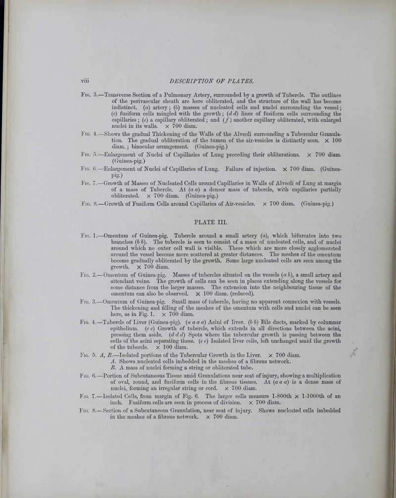 Fig. 3.—Transverse Section of a Pulmonary Artery, surrounded by a growth of Tubercle. The outlines of the perivascular sheath are here obliterated, and the structure of the wall has become indistinct, (a) artery; (b) masses of nucleated cells and nuclei surrounding the vessel; (c) fusiform cells mingled with the growth; (d d) lines of fusiform cells surrounding the capillaries; (e) a capillary obliterated; and (/) another capillary obliterated, with enlarged nuclei in its walls, x 700 diam. Fig. 4.—Shows the gradual Thickening of the Walls of the Alveoli surrounding a Tubercular Granula- tion. The gradual obliteration of the tumen of the air-vesicles is distinctly seen. X 100 diam.; binocular arrangement. (Guinea-pig.) Fig. 5.—Enlargement of Nuclei of Capillaries of Lung preceding their obliterations. X 700 diam. (Guinea-pig.) Fig. G.—Enlargement of Nuclei of Capillaries of Lung. Failure of injection. X 700 diam. (Guinea- Pig-) Fig. 7.—Growth of Masses of Nucleated Cells around Capillaries in Walls of Alveoli of Lung at margin of a mass of Tubercle. At (a a) a denser mass of tubercle, with capillaries partially obliterated, x 700 diam. (Guinea-pig.) Fig. 8.—Growth of Fusiform Cells around Capillaries of Air-vesicles, x 700 diam. (Guinea-pig.) PLATE III. Fig. 1.—Omentum of Guinea-pig. Tubercle around a small artery (a), which bifurcates into two branches (b b). The tubercle is seen to consist of a mass of nucleated cells, and of nuclei around which no outer cell wall is visible. These which are more closely agglomerated around the vessel become more scattered at greater distances. The meshes of the omentum become gradually obliterated by the growth. Some large nucleated cells are seen among the growth. X 700 diam. Fig. 2.—Omentum of Guinea-pig. Masses of tubercles situated on the vessels (a b), a small artery and attendant veins. The growth of cells can be seen in places extending along the vessels for some distance from the larger masses. The extension into the neighbouring tissue of the omentum can also be observed. X 100 diam. (reduced). Fig. 3.—Omentum of Guinea-pig. Small mass of tubercle, having no apparent connexion with vessels. The thickening and tilling of the meshes of the omentum with cells and nuclei can be seen here, as in Fig. 1. x 700 diam. Fig. 4.—Tubercle of Liver (Guinea-pig), (a a a a) Acini of liver. (b b) Bile ducts, marked by columnar epithelium, (c c) Growth of tubercle, which extends in all directions between the acini, pressing them aside. (d d d) Spots where the tubercular growth is passing between the cells of the acini separating these, (e e) Isolated liver cells, left unchanged amid the growth of the tubercle. X 100 diam. Fig. 5. A, B.—Isolated portions of the Tubercular Growth in the Liver, x 700 diam. A. Shows nucleated cells imbedded in the meshes of a fibrous network. B. A mass of nuclei forming a string or obliterated tube. Fig. 6.—Portion of Subcutaneous Tissue amid Granulations near seat of injury, showing a multiplication of oval, round, and fusiform cells in the fibrous tissues. At (a a a) is a dense mass of nuclei, forming an irregular string or cord, x 700 diam. Fig. 7.—Isolated Cells, from margin of Fig. G. The larger cells measure l-800th x l-1000th of an inch. Fusiform cells are seen in process of division, x 700 diam. Fig. 8.— Section of a Subcutaneous Granulation, near seat of injury. Shows nucleated cells imbedded in the meshes of a fibrous network, x 700 diam.